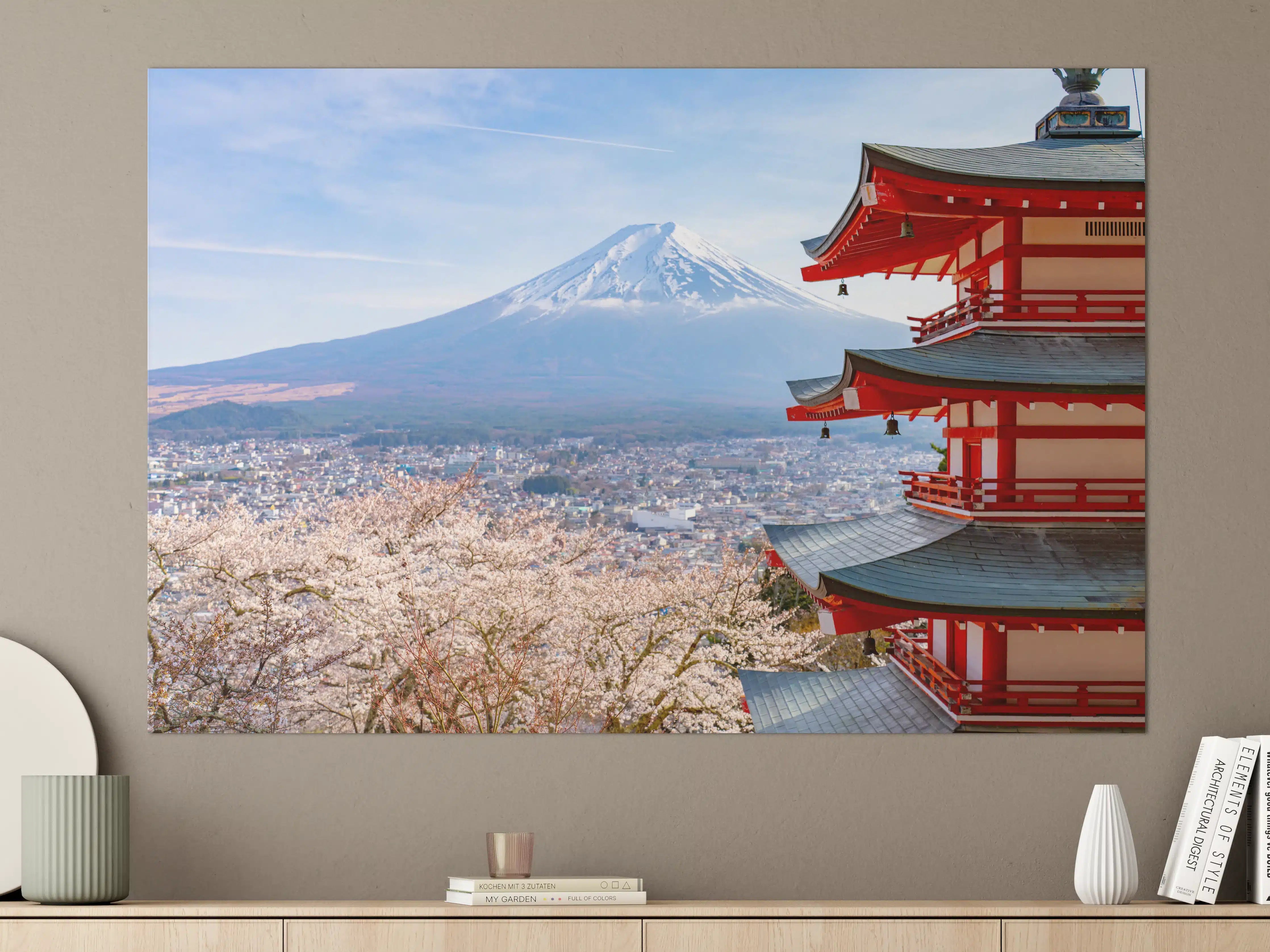 Große Wandbilder - Berg Fuji mit traditionellem Tempel vor Kirschblüten
