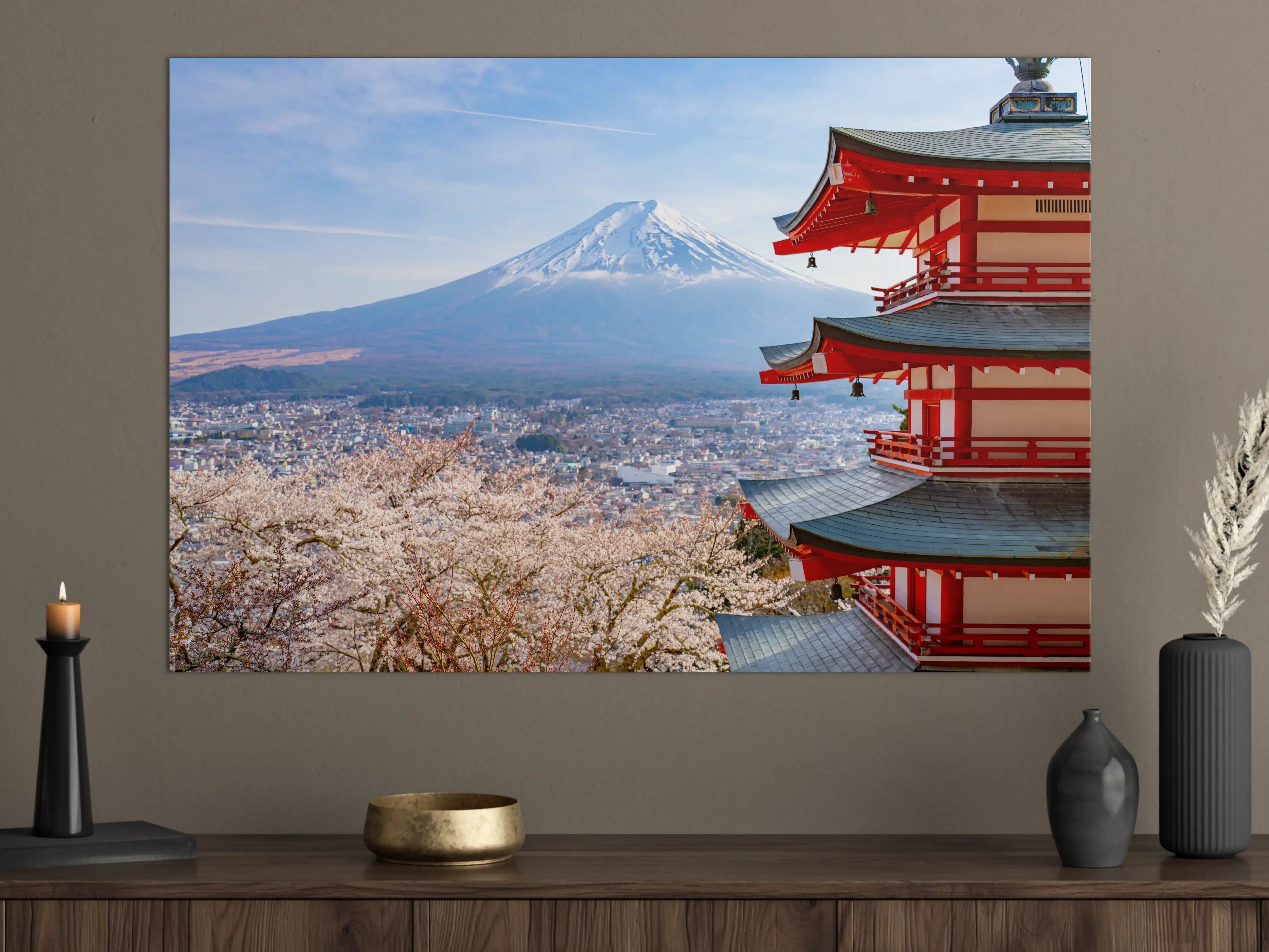 Große Wandbilder - Berg Fuji mit traditionellem Tempel vor Kirschblüten