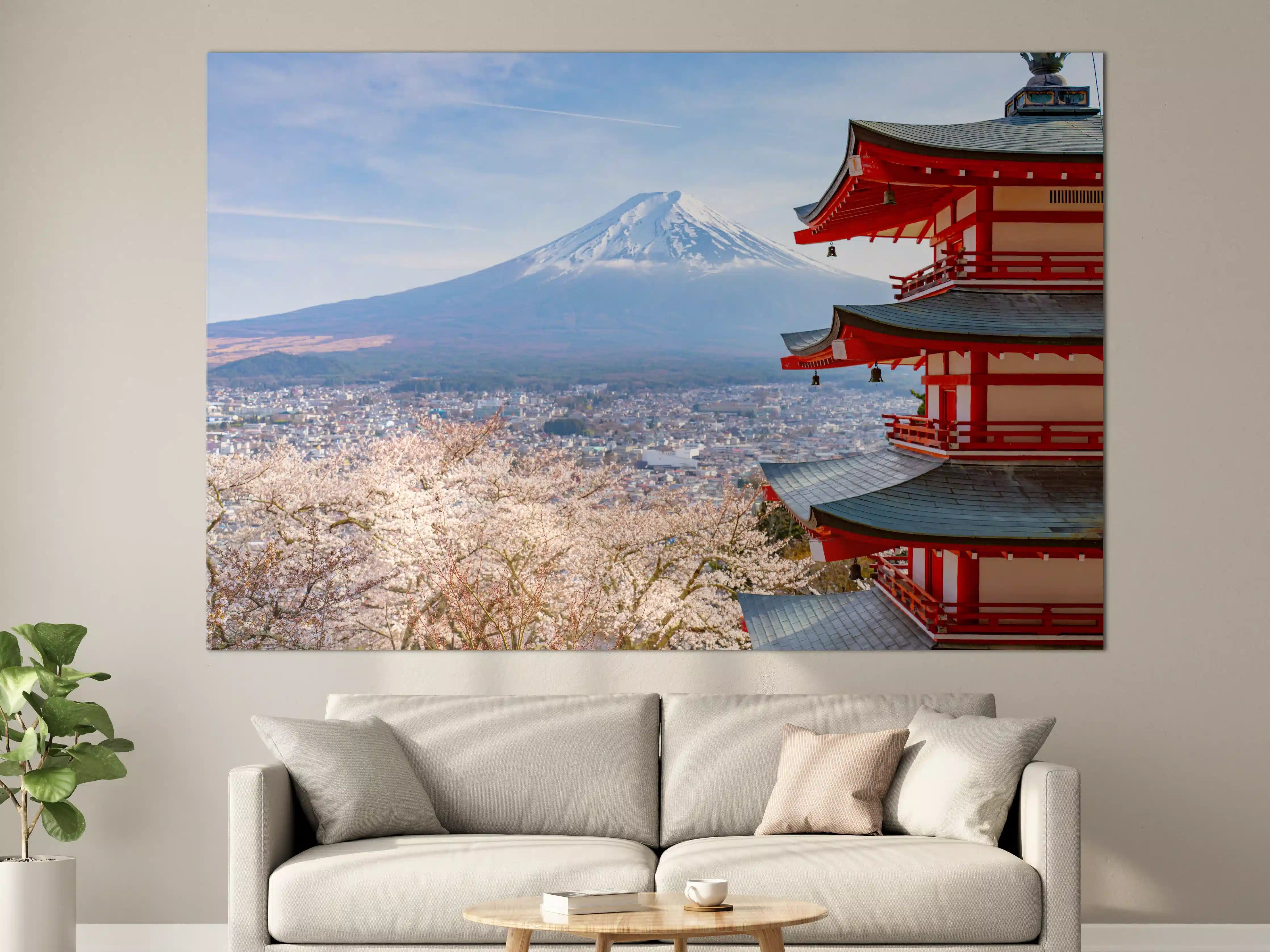 Große Wandbilder - Berg Fuji mit traditionellem Tempel vor Kirschblüten