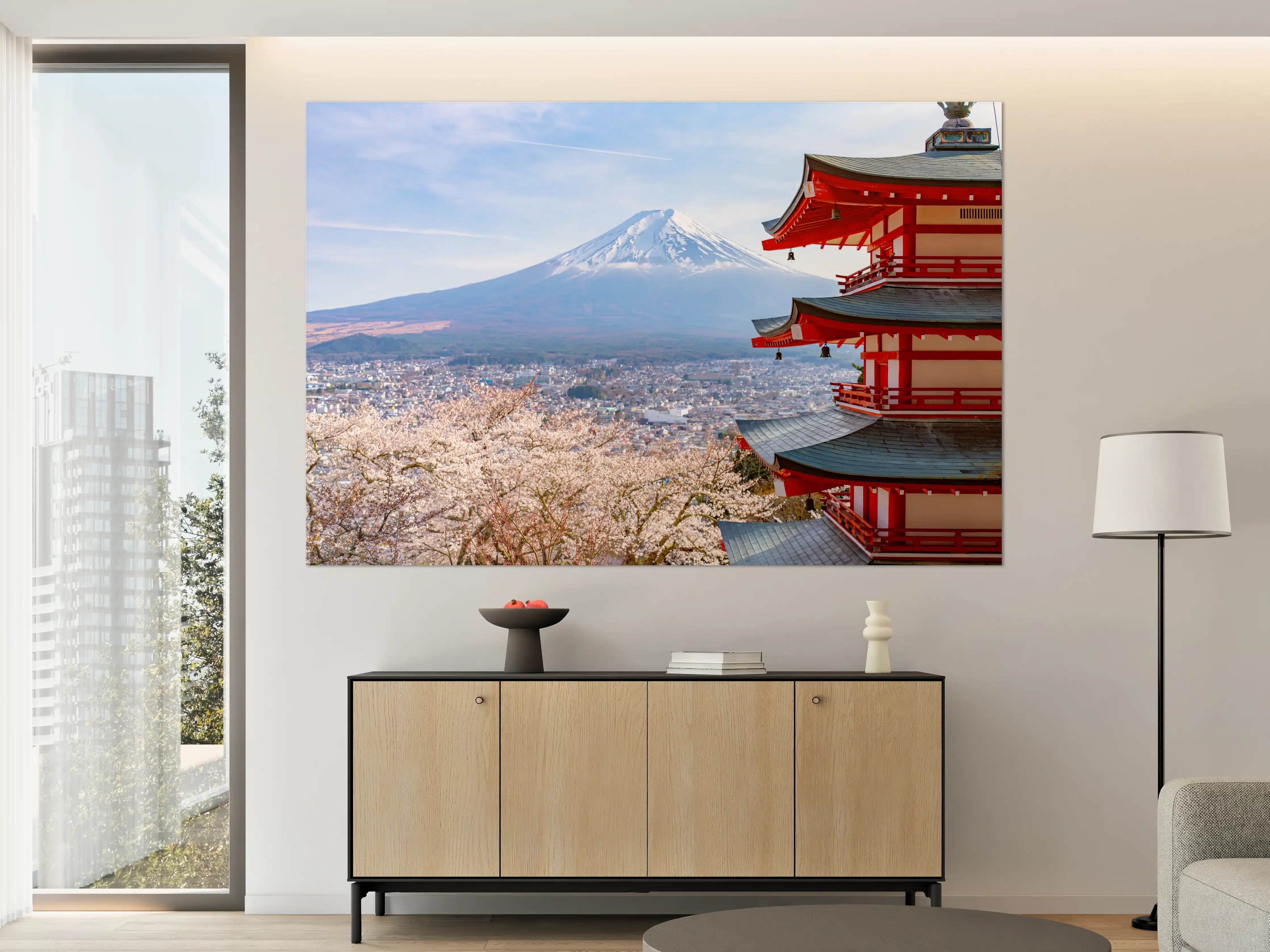 Große Wandbilder - Berg Fuji mit traditionellem Tempel vor Kirschblüten