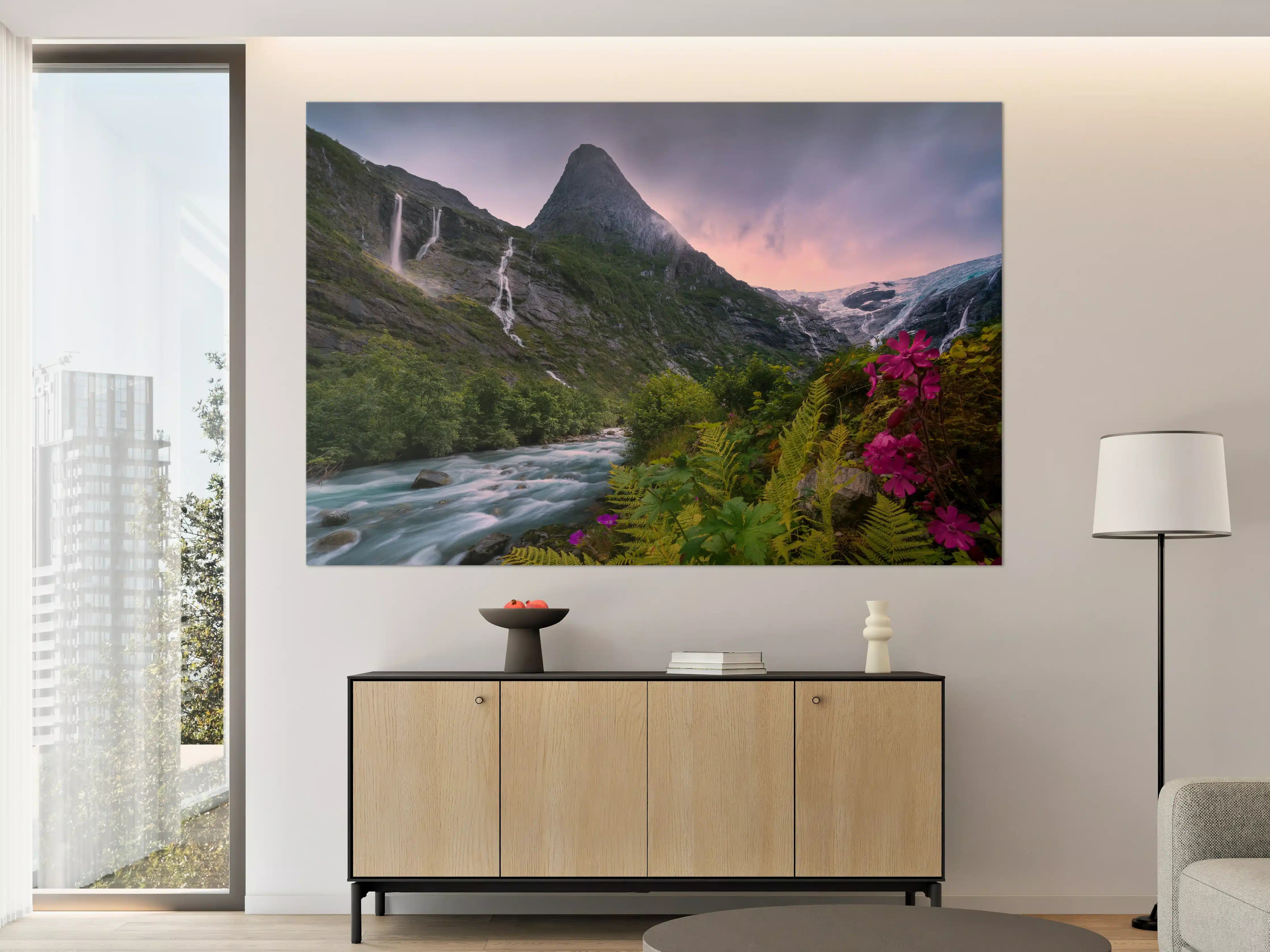 Große Wandbilder - Berglandschaft Norwegens mit Wasserfällen