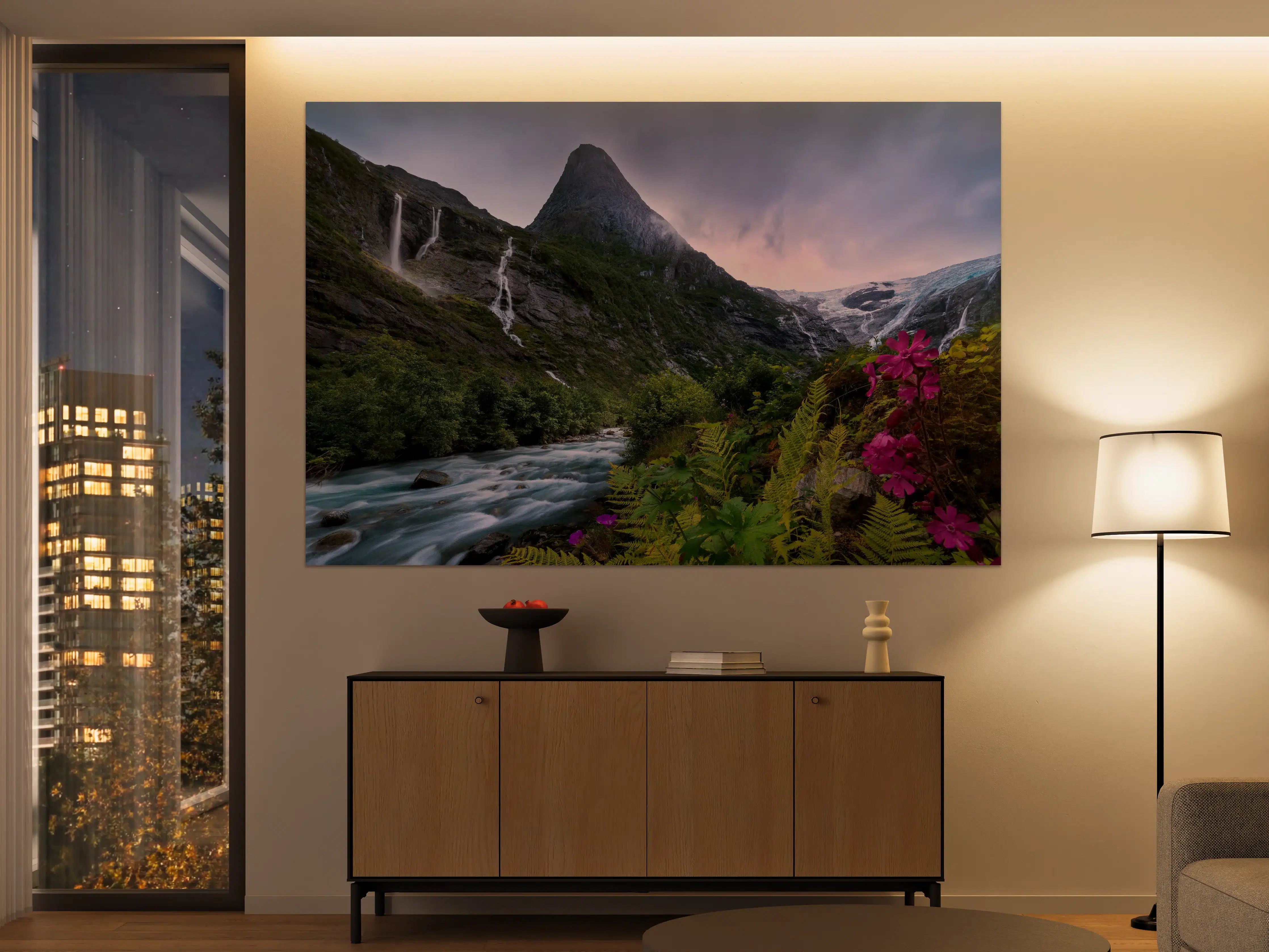 Große Wandbilder - Berglandschaft Norwegens mit Wasserfällen
