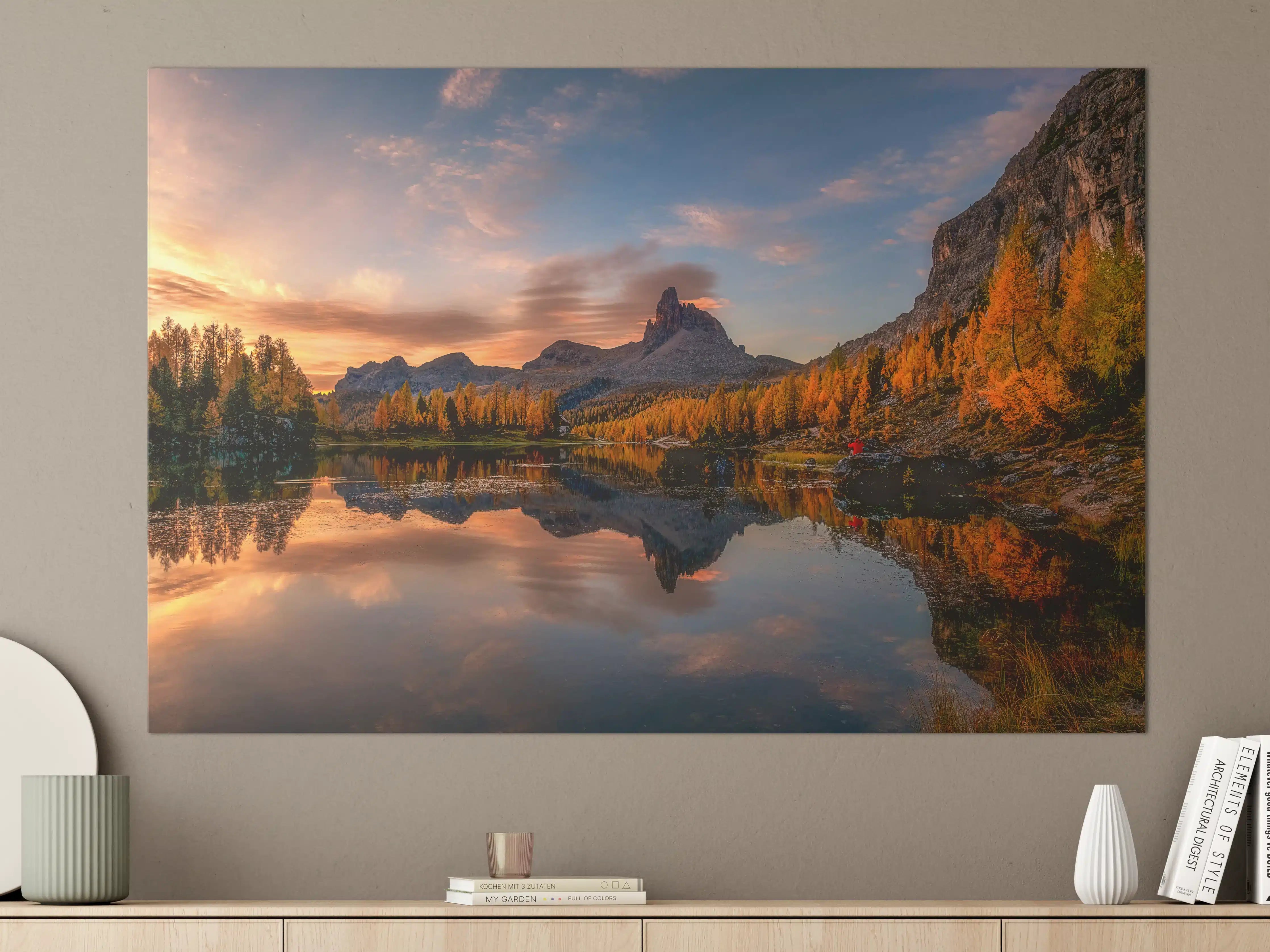 Große Wandbilder - Berglandschaft bei Sonnenuntergang mit Spiegelung im Wasser