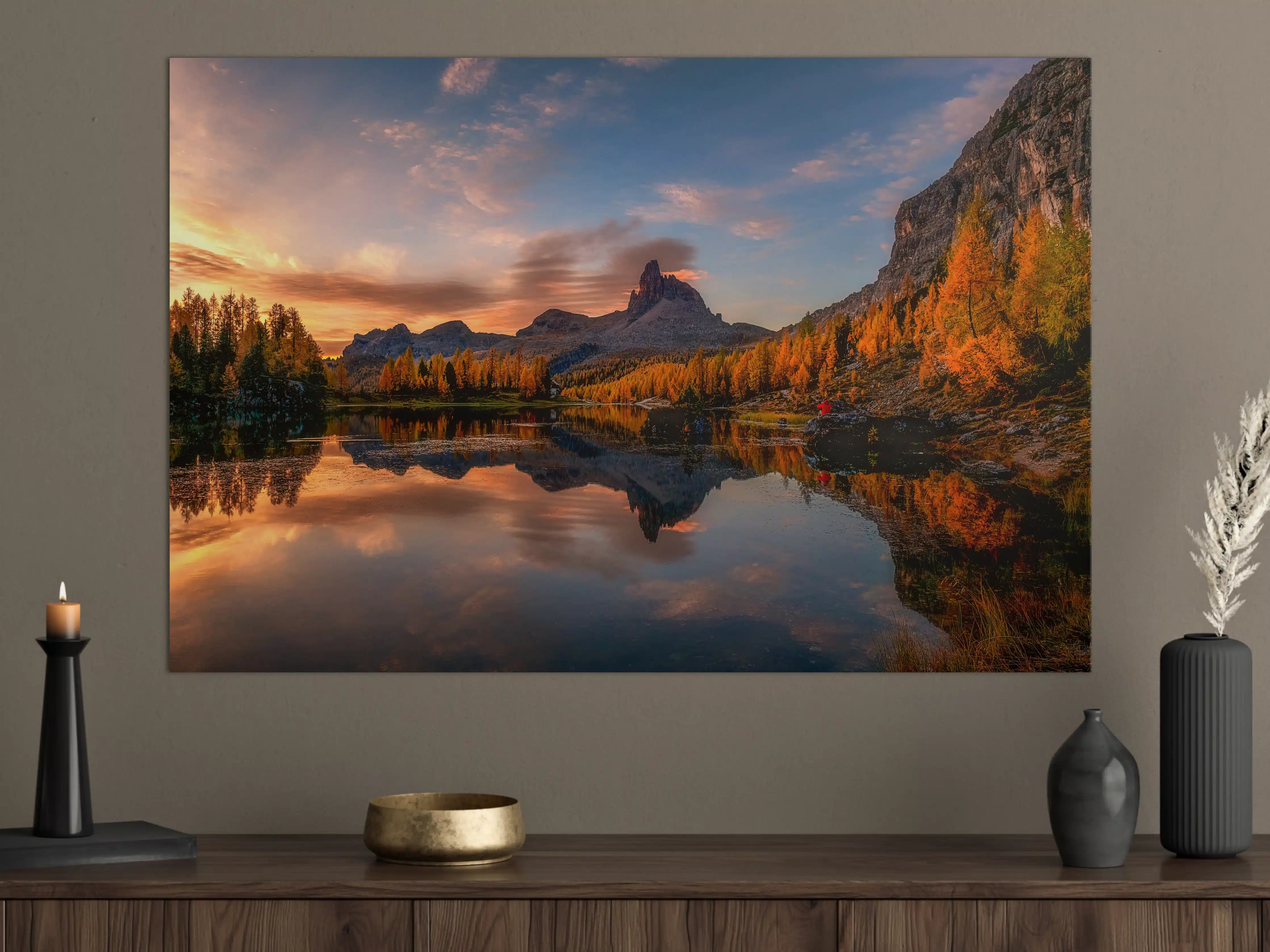 Große Wandbilder - Berglandschaft bei Sonnenuntergang mit Spiegelung im Wasser