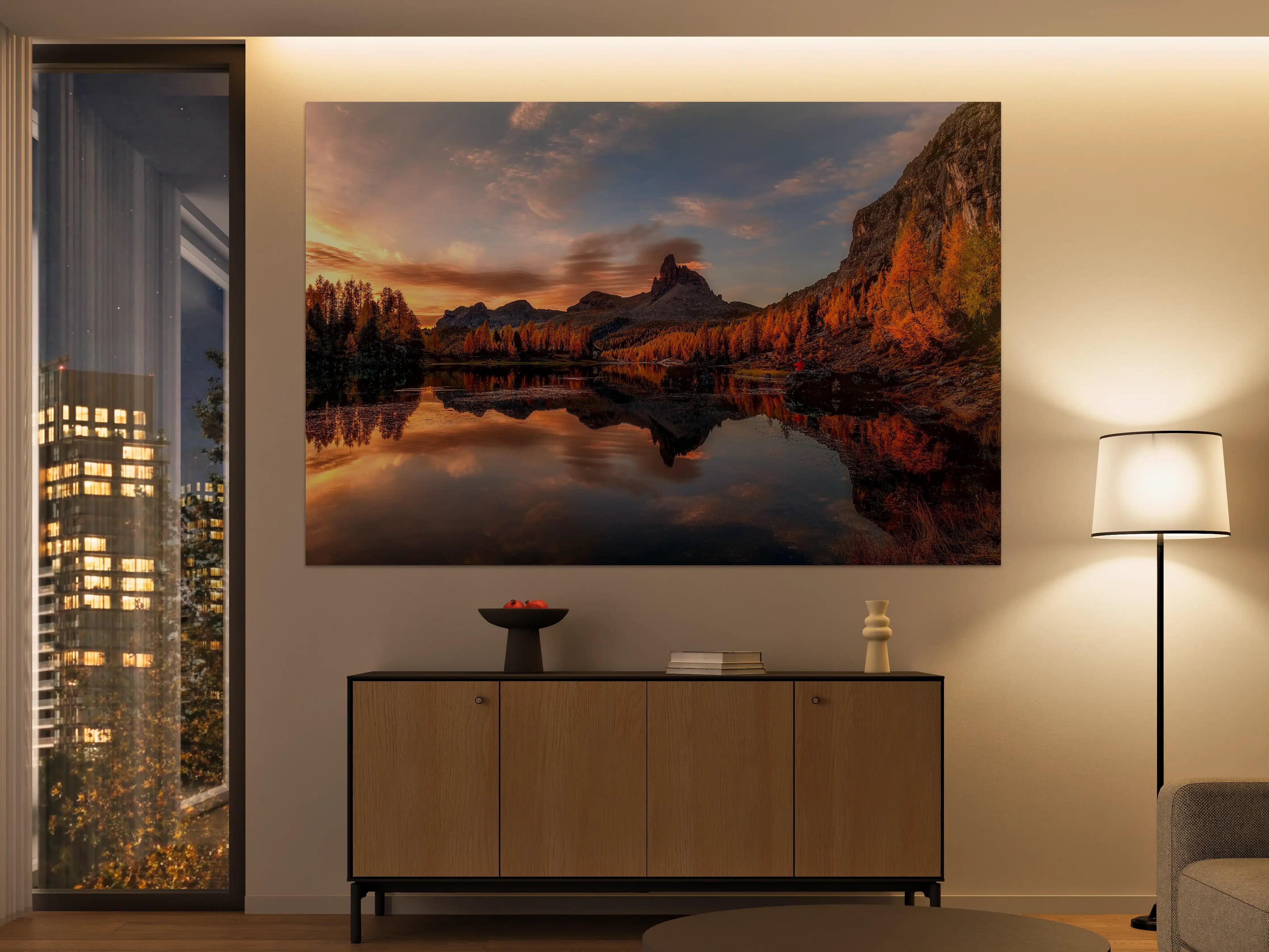 Große Wandbilder - Berglandschaft bei Sonnenuntergang mit Spiegelung im Wasser