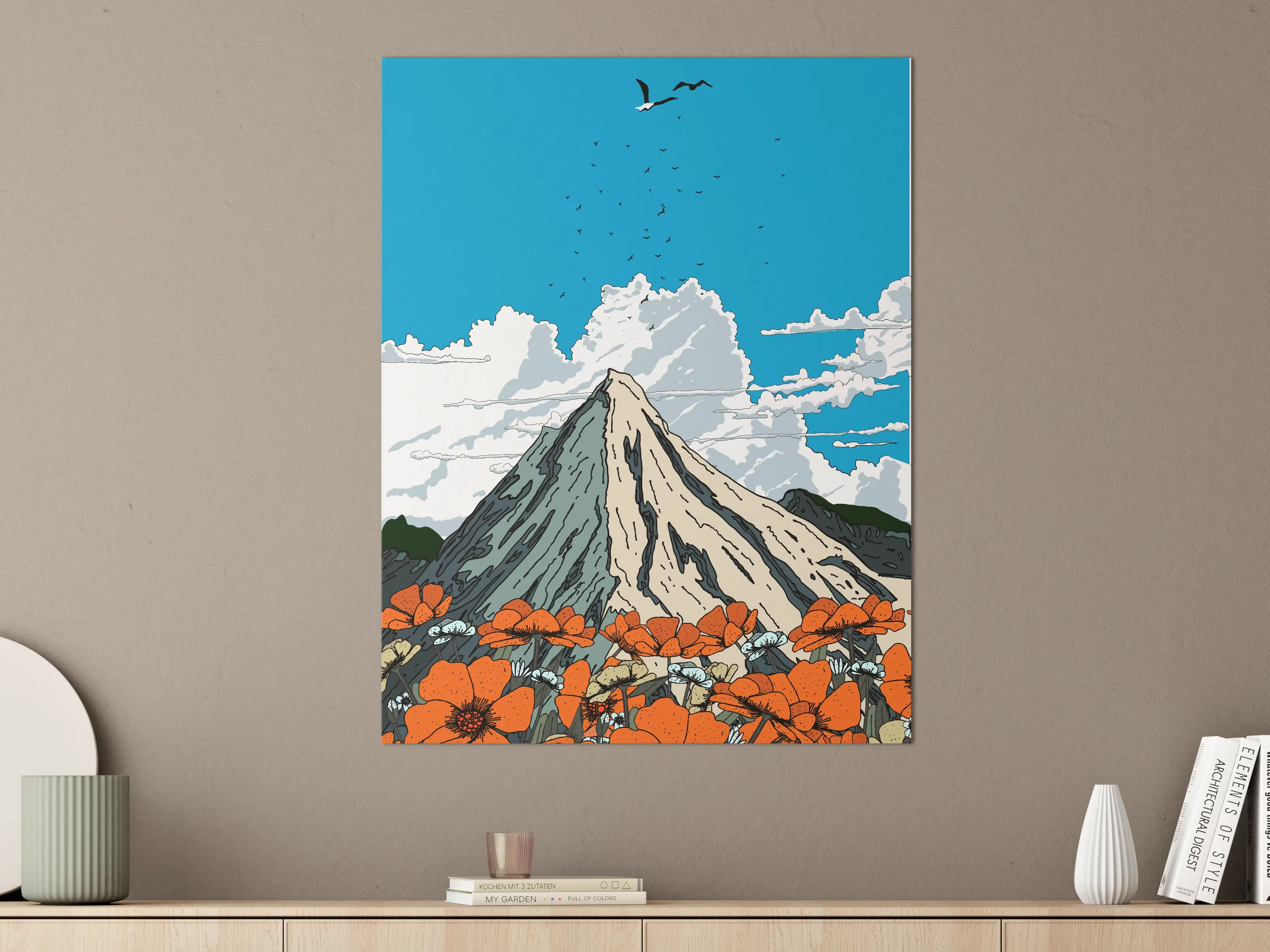 Große Wandbilder - Berglandschaft mit orangefarbenen Blumen