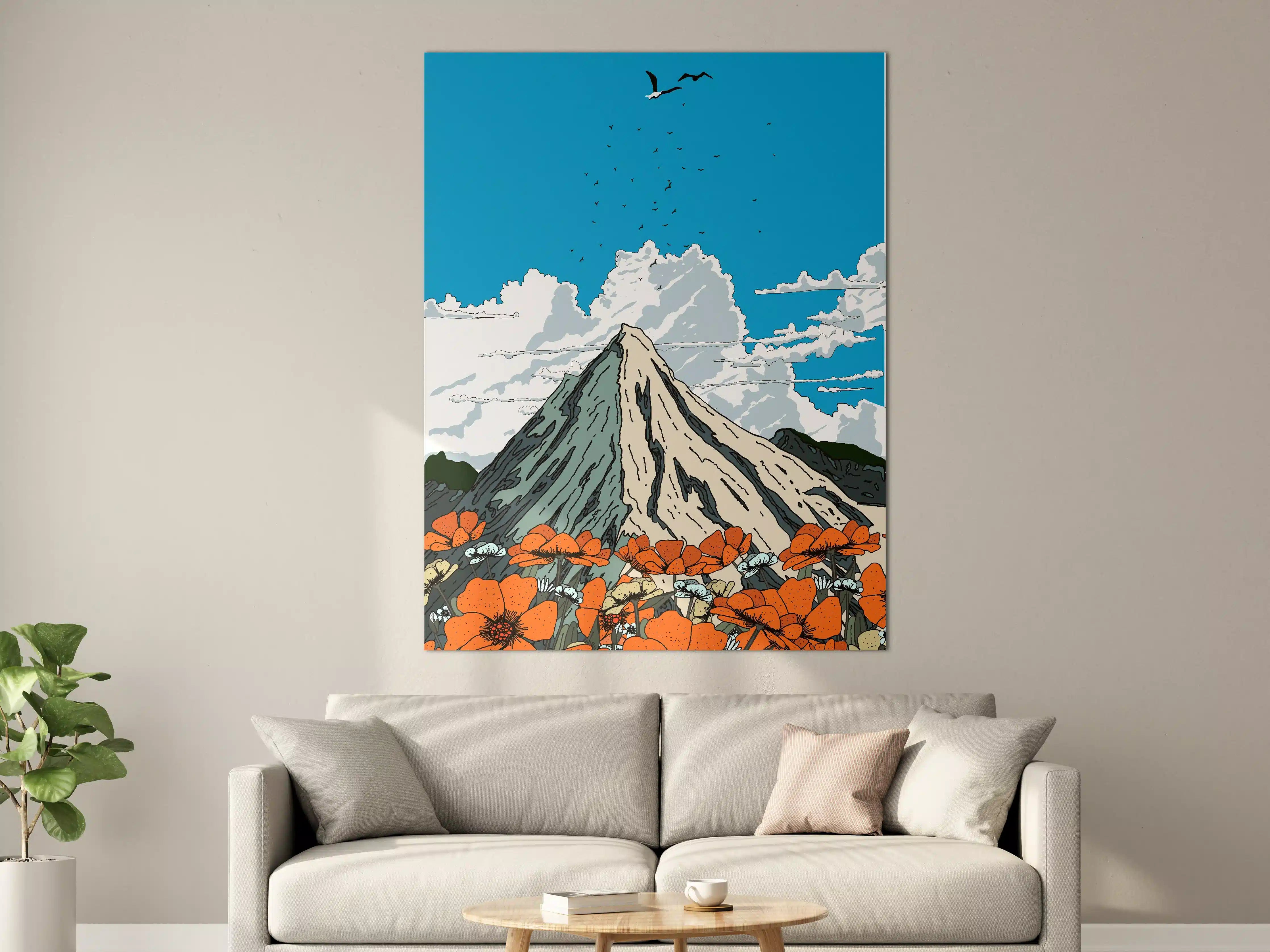 Große Wandbilder - Berglandschaft mit orangefarbenen Blumen