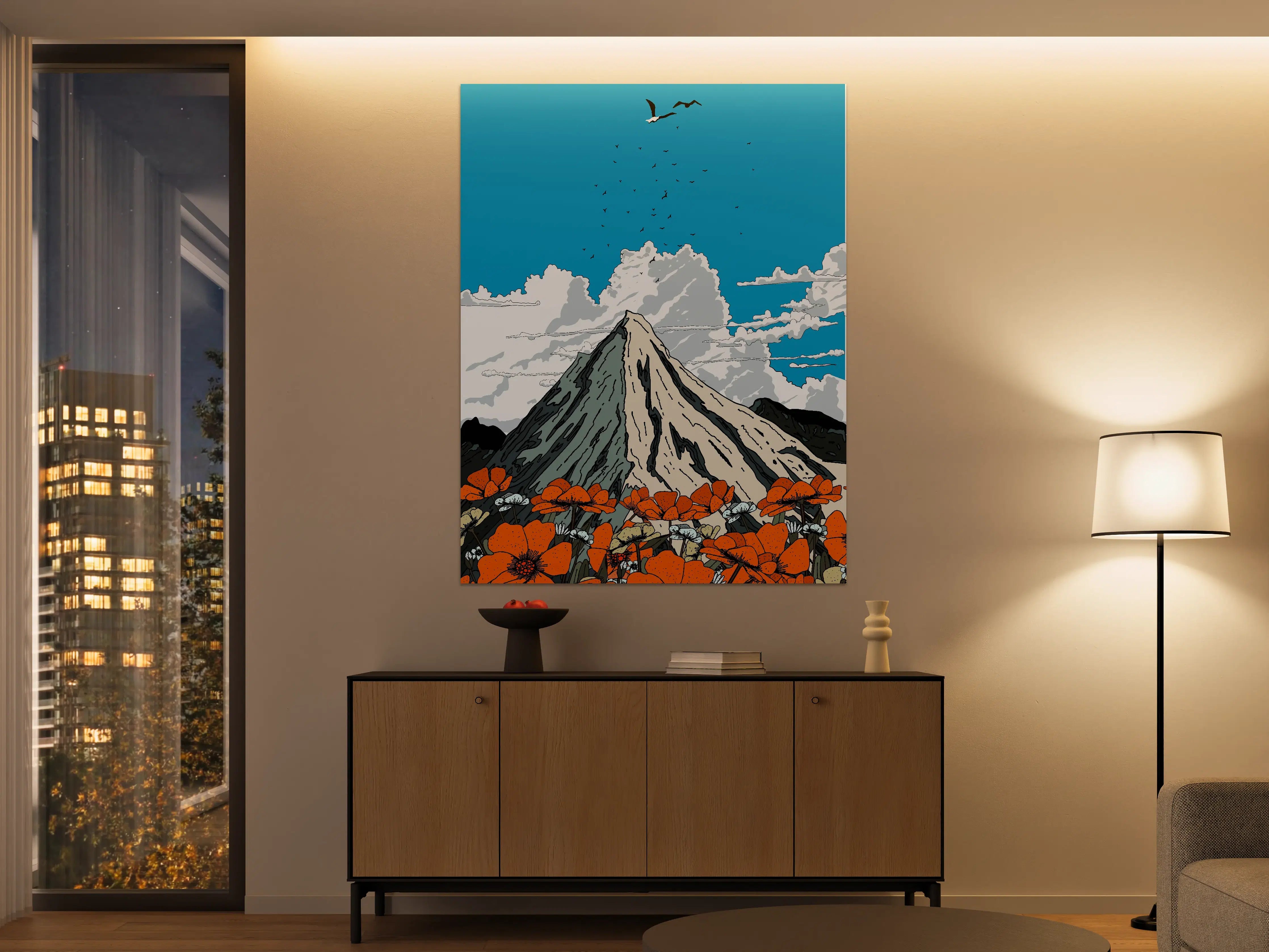 Große Wandbilder - Berglandschaft mit orangefarbenen Blumen