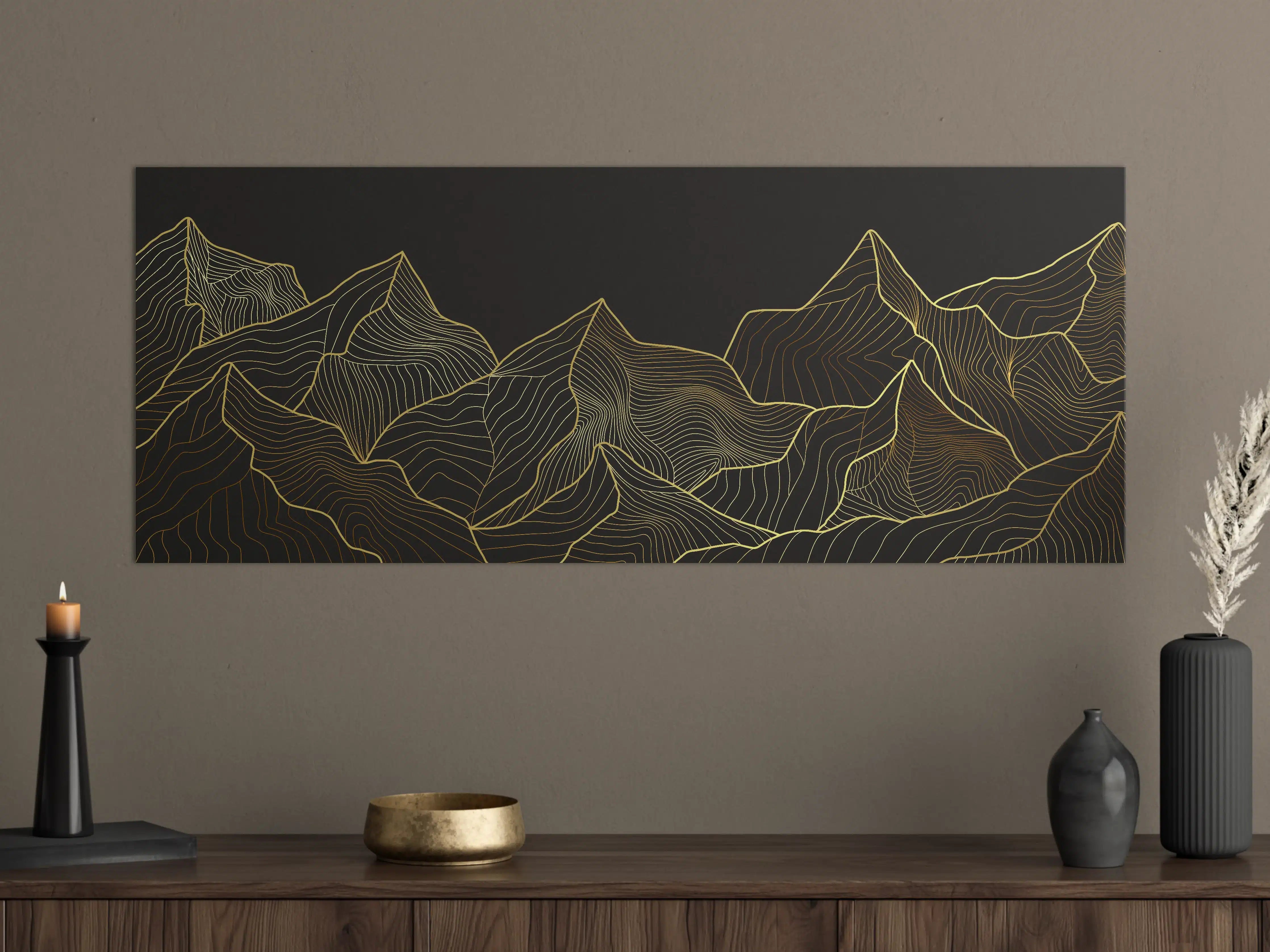 Große Wandbilder - Berglinien Gold Schwarz