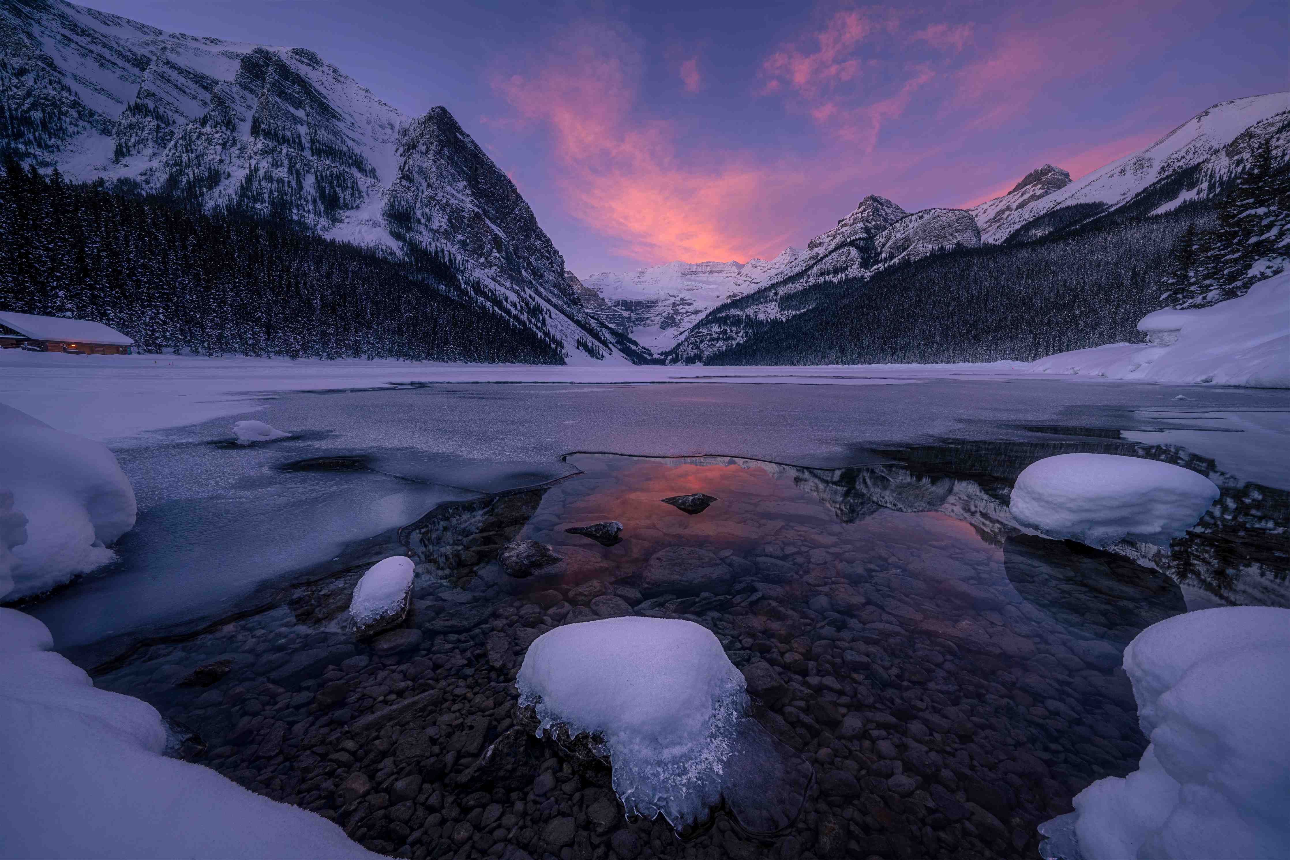 Große Wandbilder-Bergsee im Winter bei Sonnenuntergang
