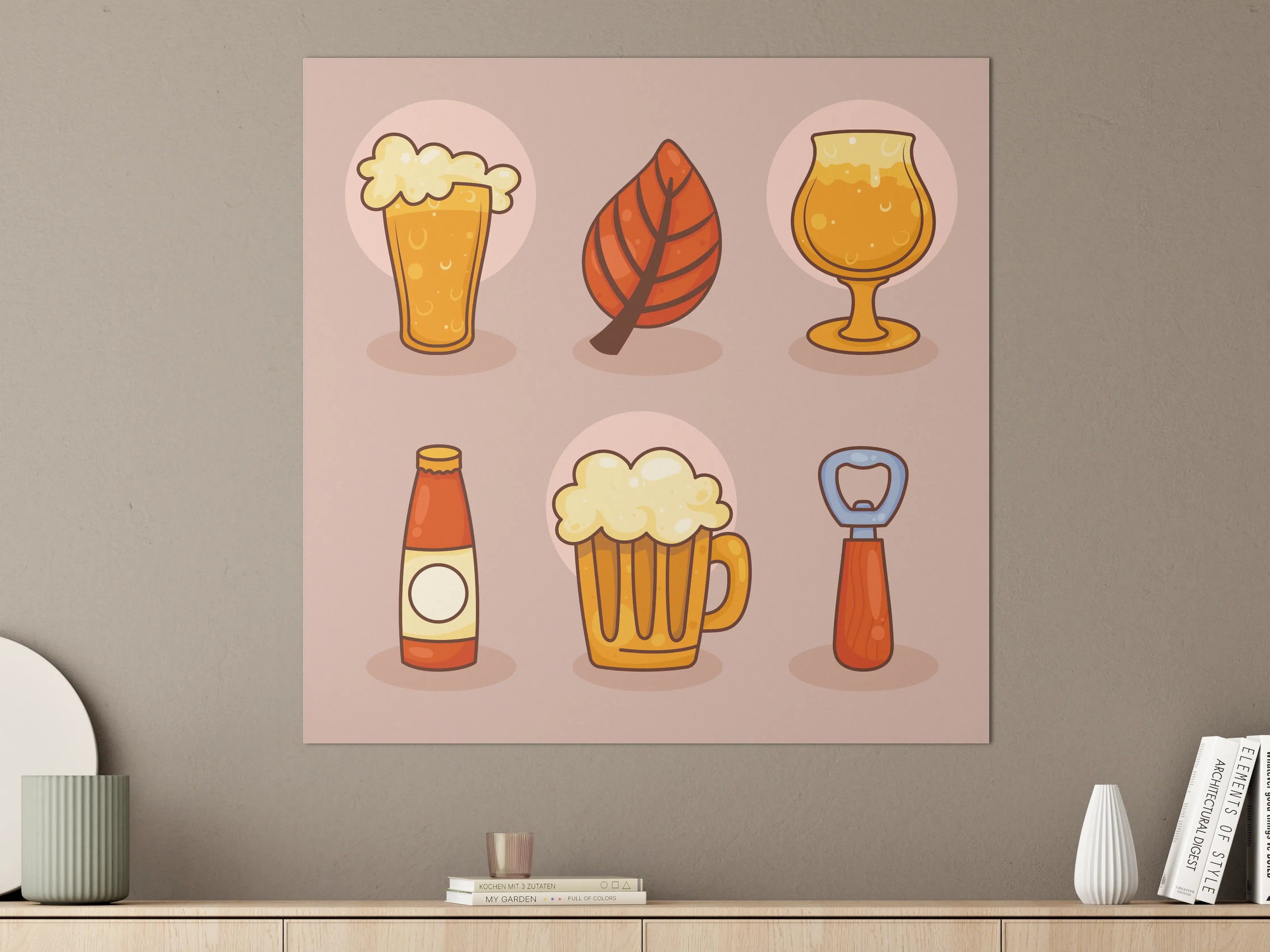 Große Wandbilder - Bier, Blatt und Glas in Cartoon-Optik