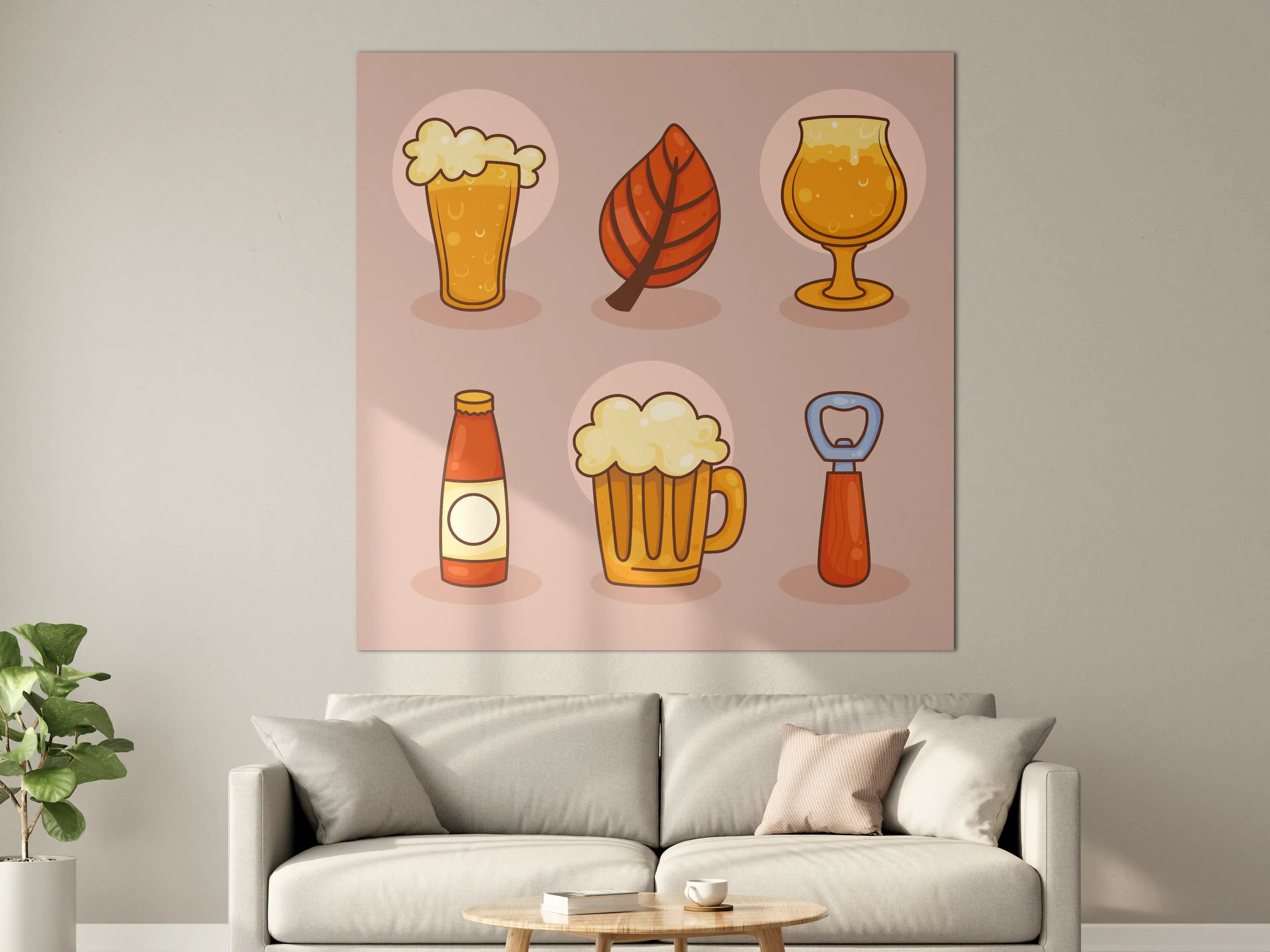 Große Wandbilder - Bier, Blatt und Glas in Cartoon-Optik