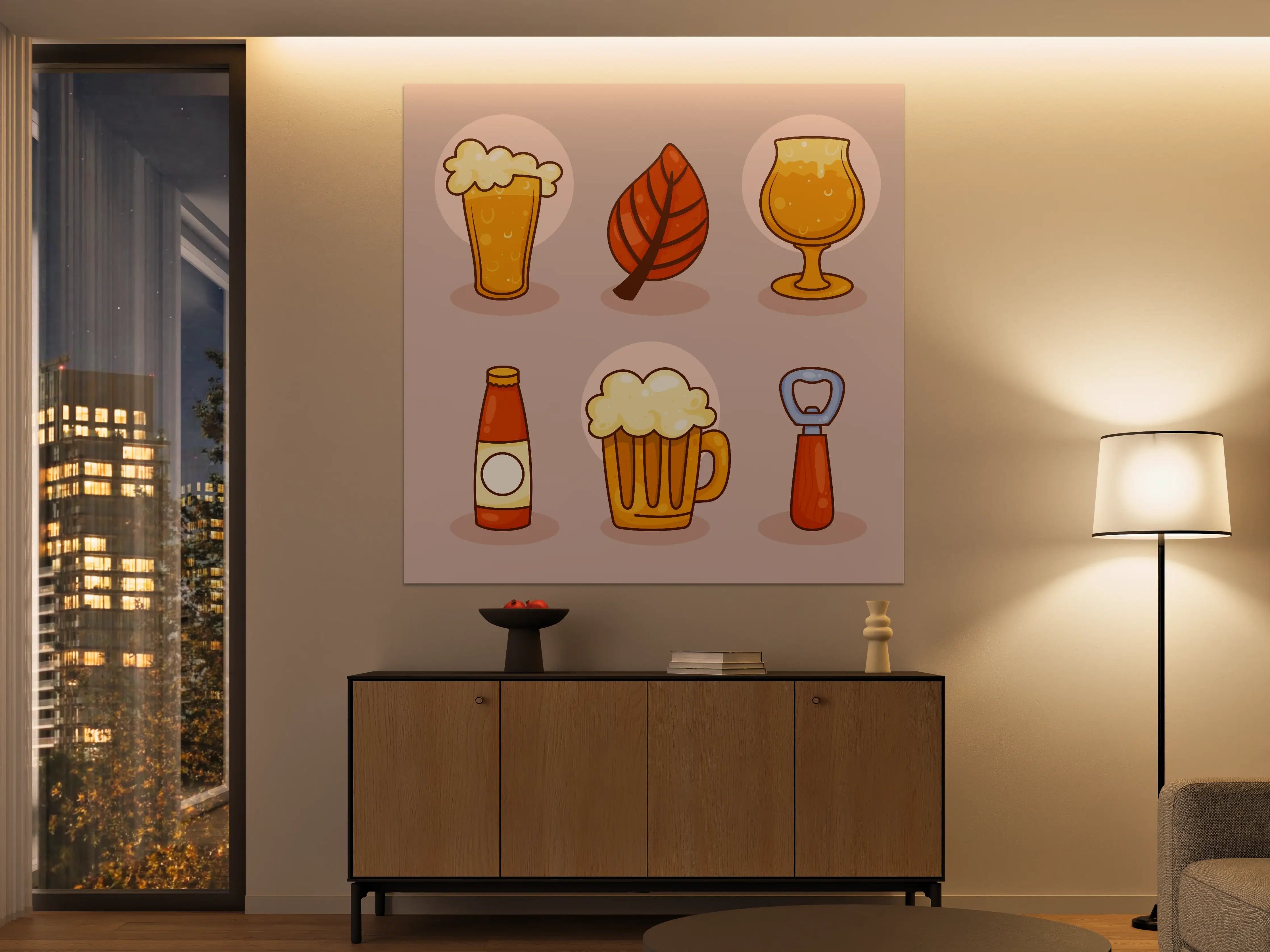 Große Wandbilder - Bier, Blatt und Glas in Cartoon-Optik