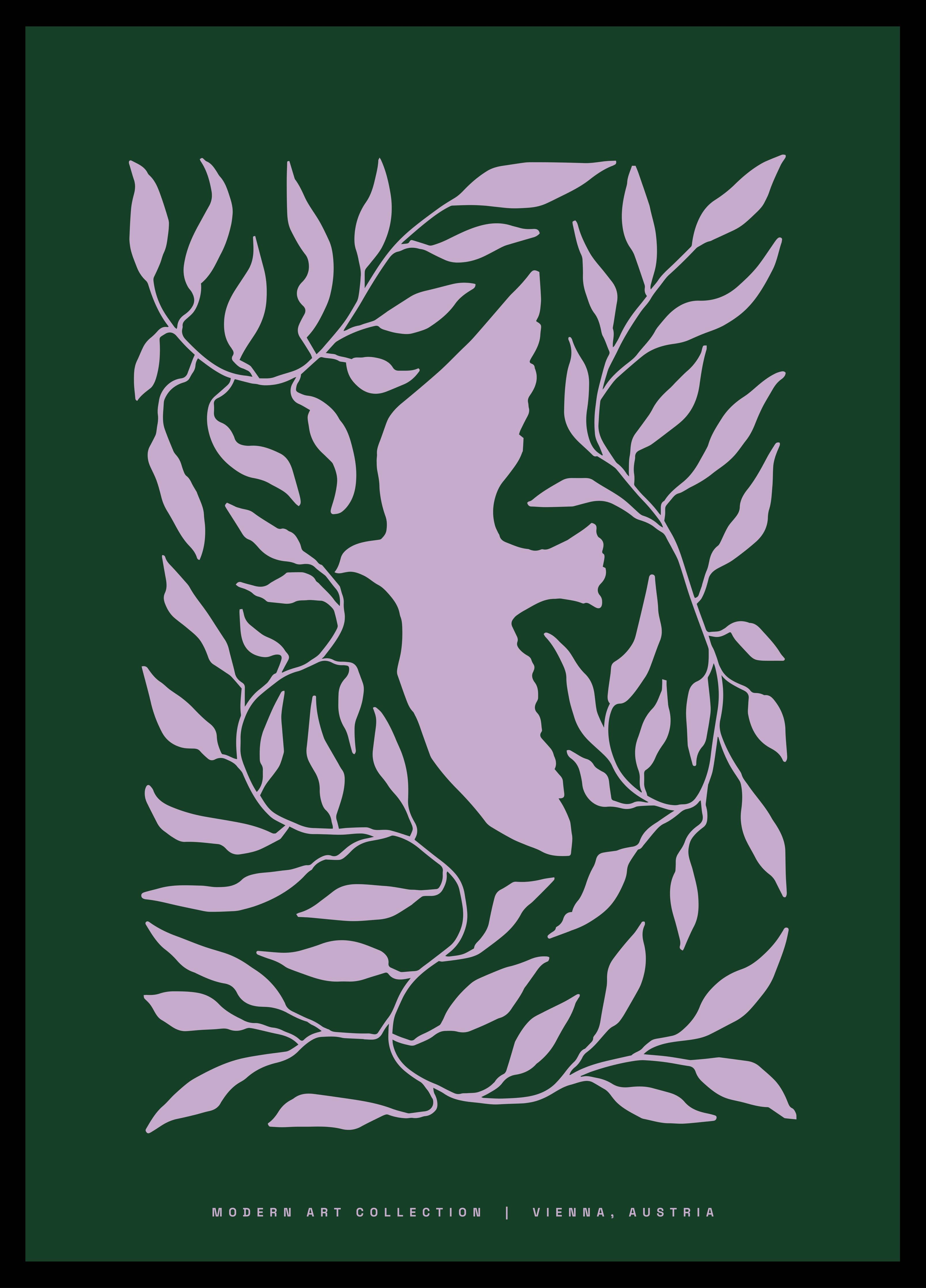 Große Wandbilder-Blattmuster in Lila auf Dunkelgrünem Hintergrund