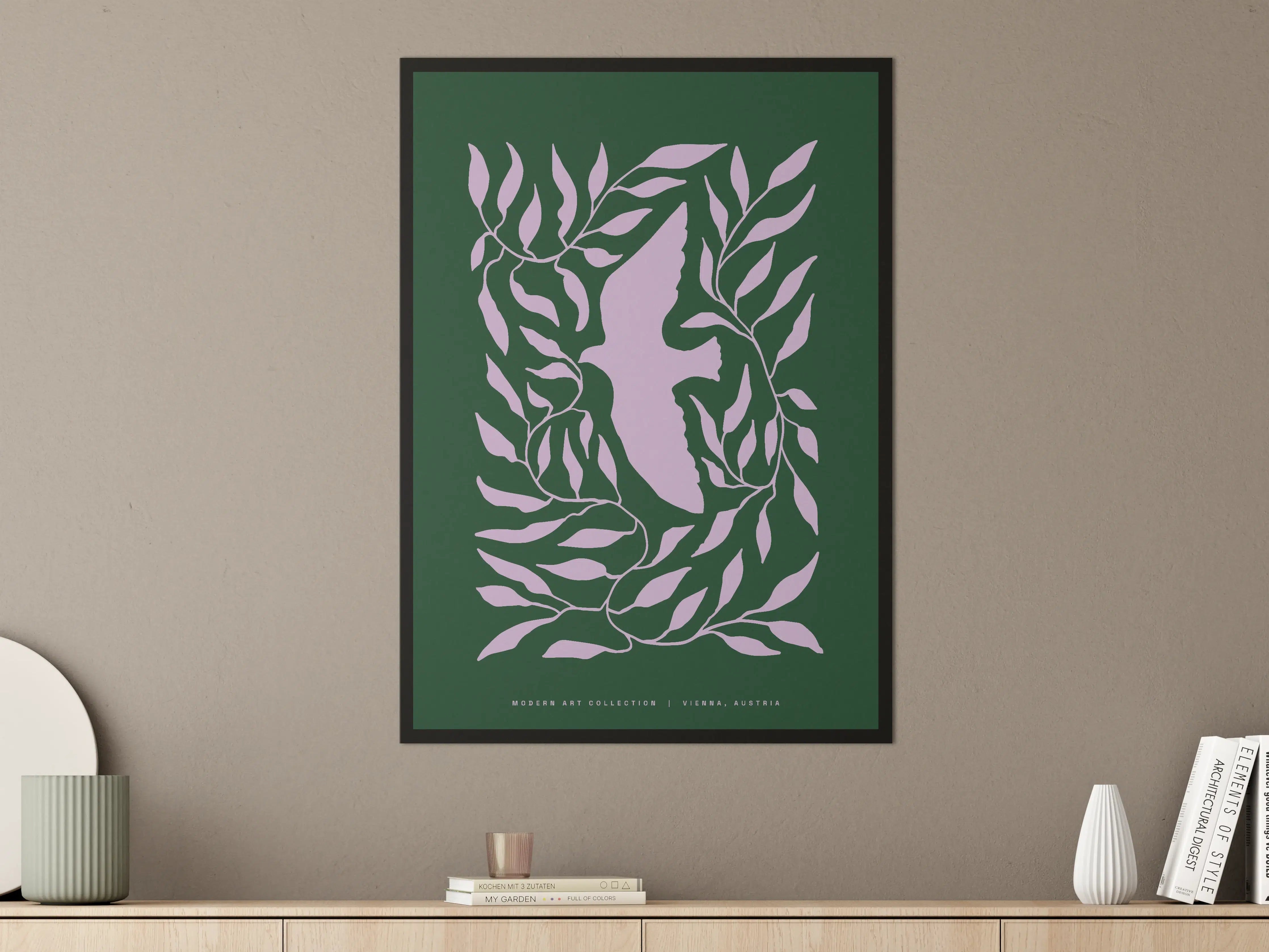 Große Wandbilder - Blattmuster in Lila auf Dunkelgrünem Hintergrund