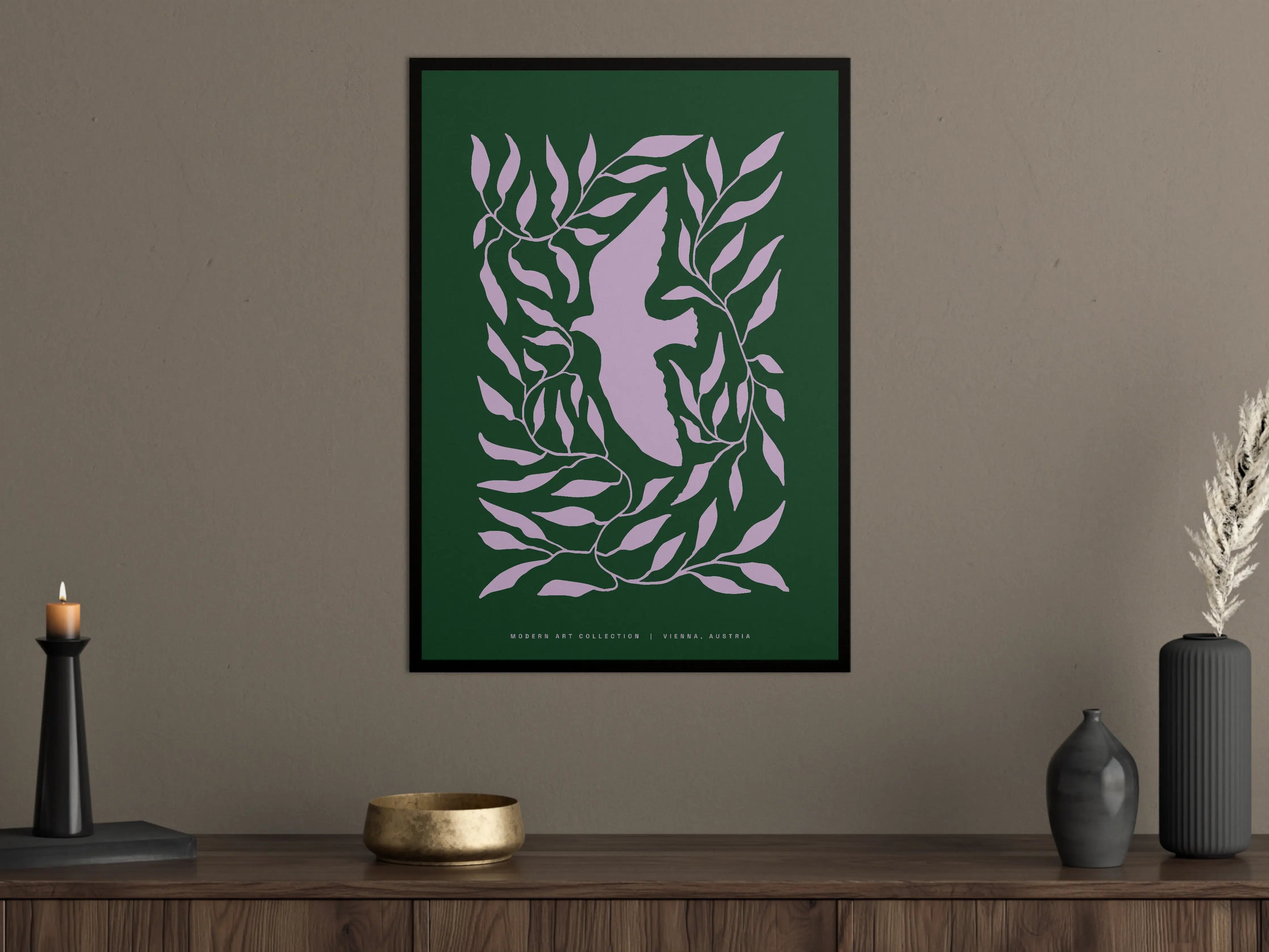 Große Wandbilder - Blattmuster in Lila auf Dunkelgrünem Hintergrund