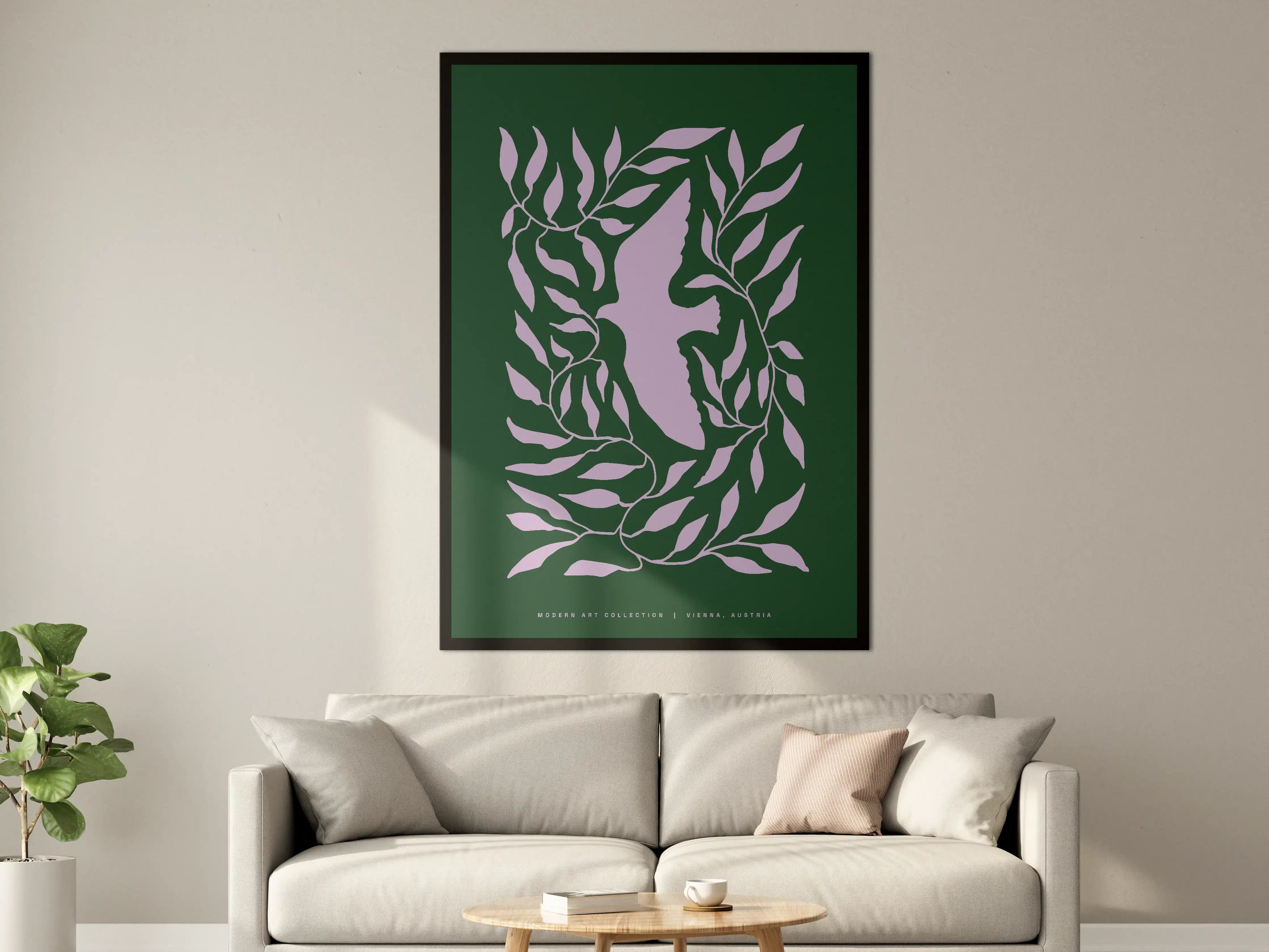 Große Wandbilder - Blattmuster in Lila auf Dunkelgrünem Hintergrund