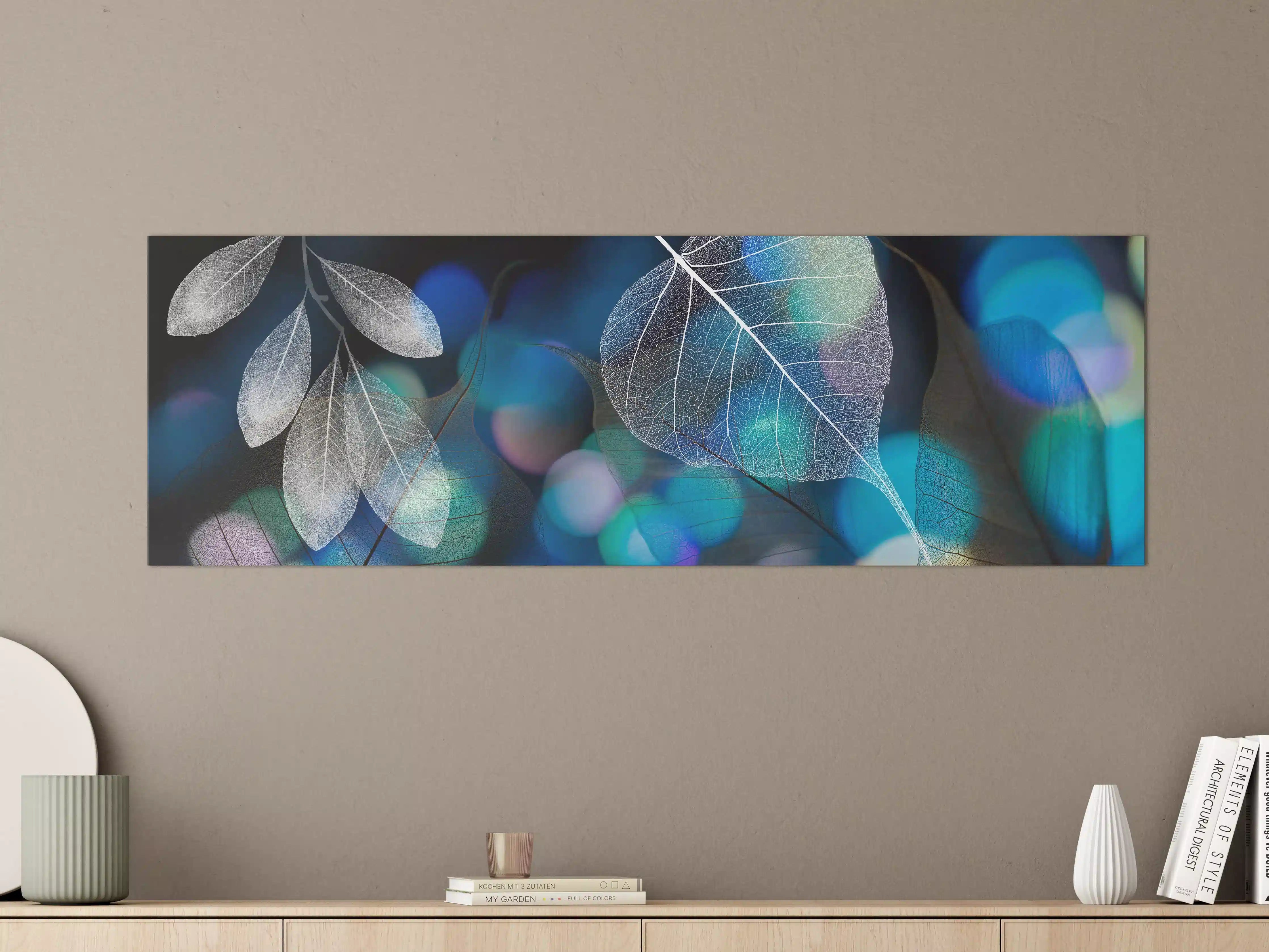Große Wandbilder - Blattstruktur mit Lichtbokeh Effekt