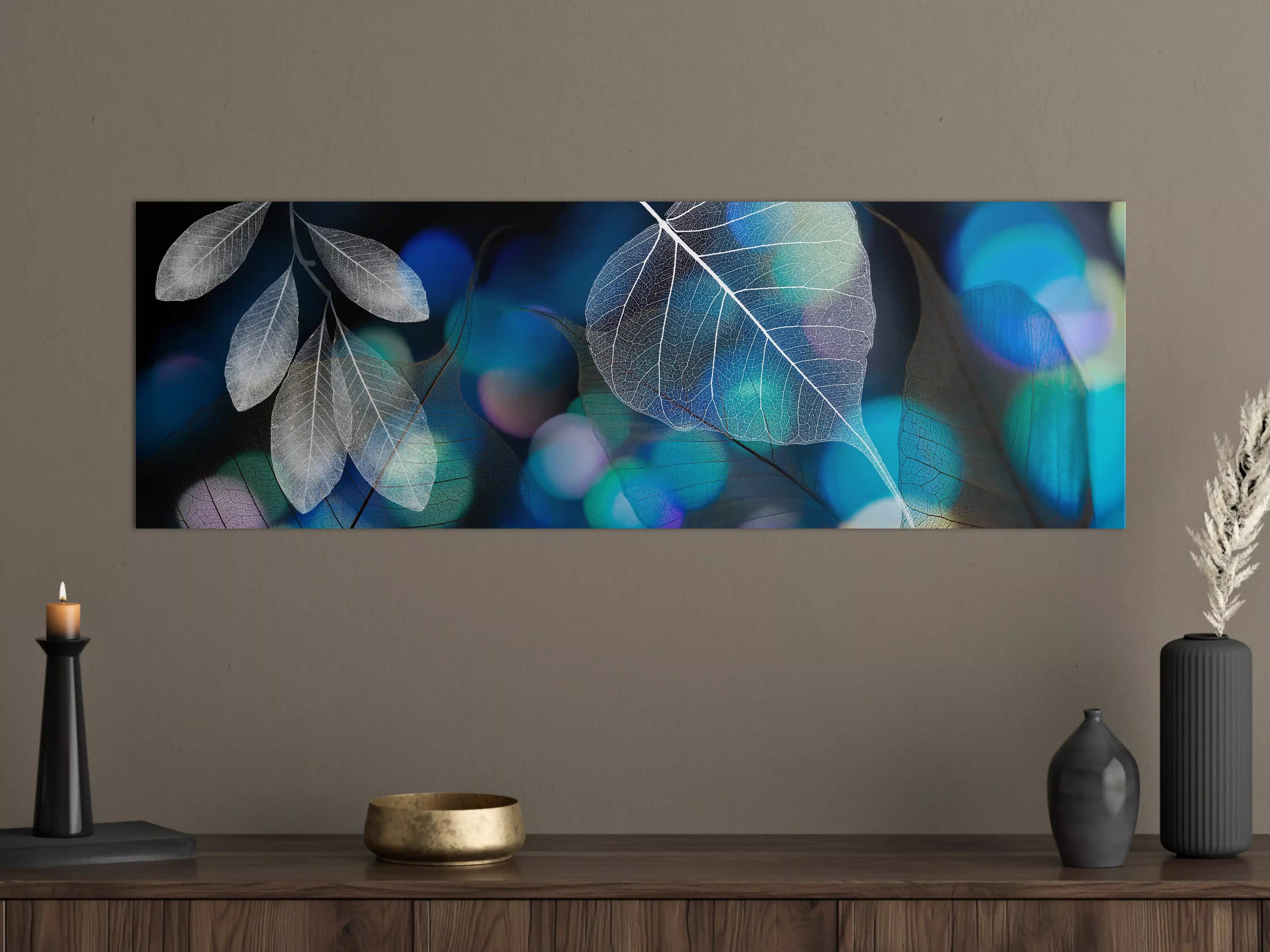 Große Wandbilder - Blattstruktur mit Lichtbokeh Effekt