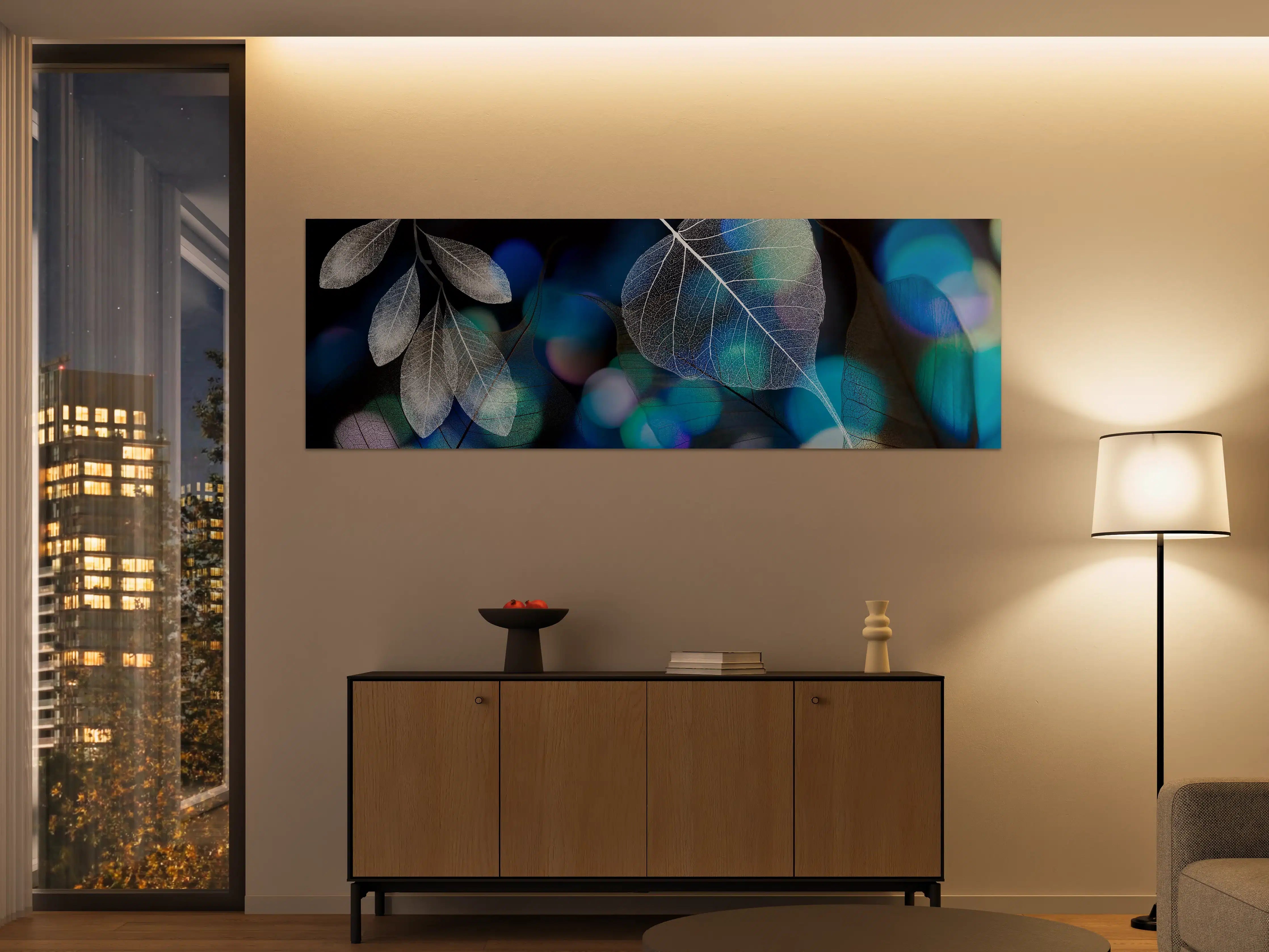 Große Wandbilder - Blattstruktur mit Lichtbokeh Effekt