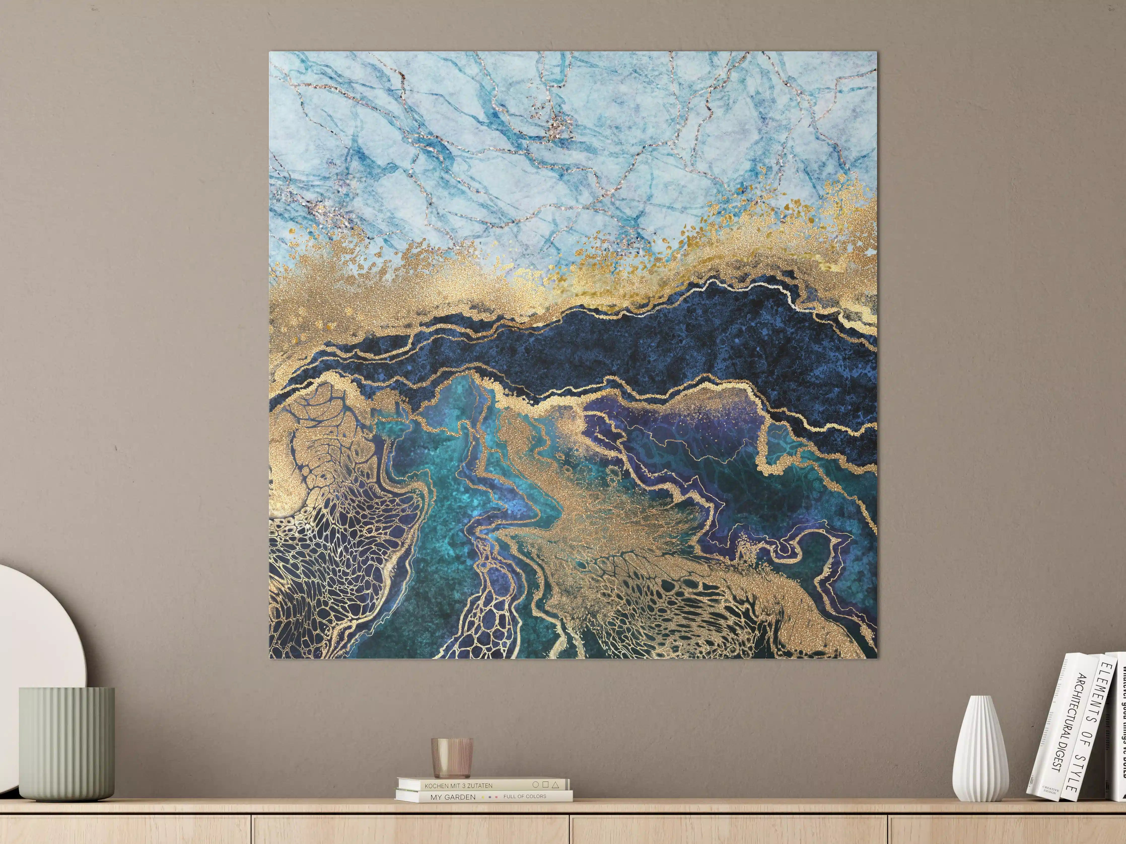 Große Wandbilder - Blau-goldene Marmor-Textur mit dunklen Akzenten