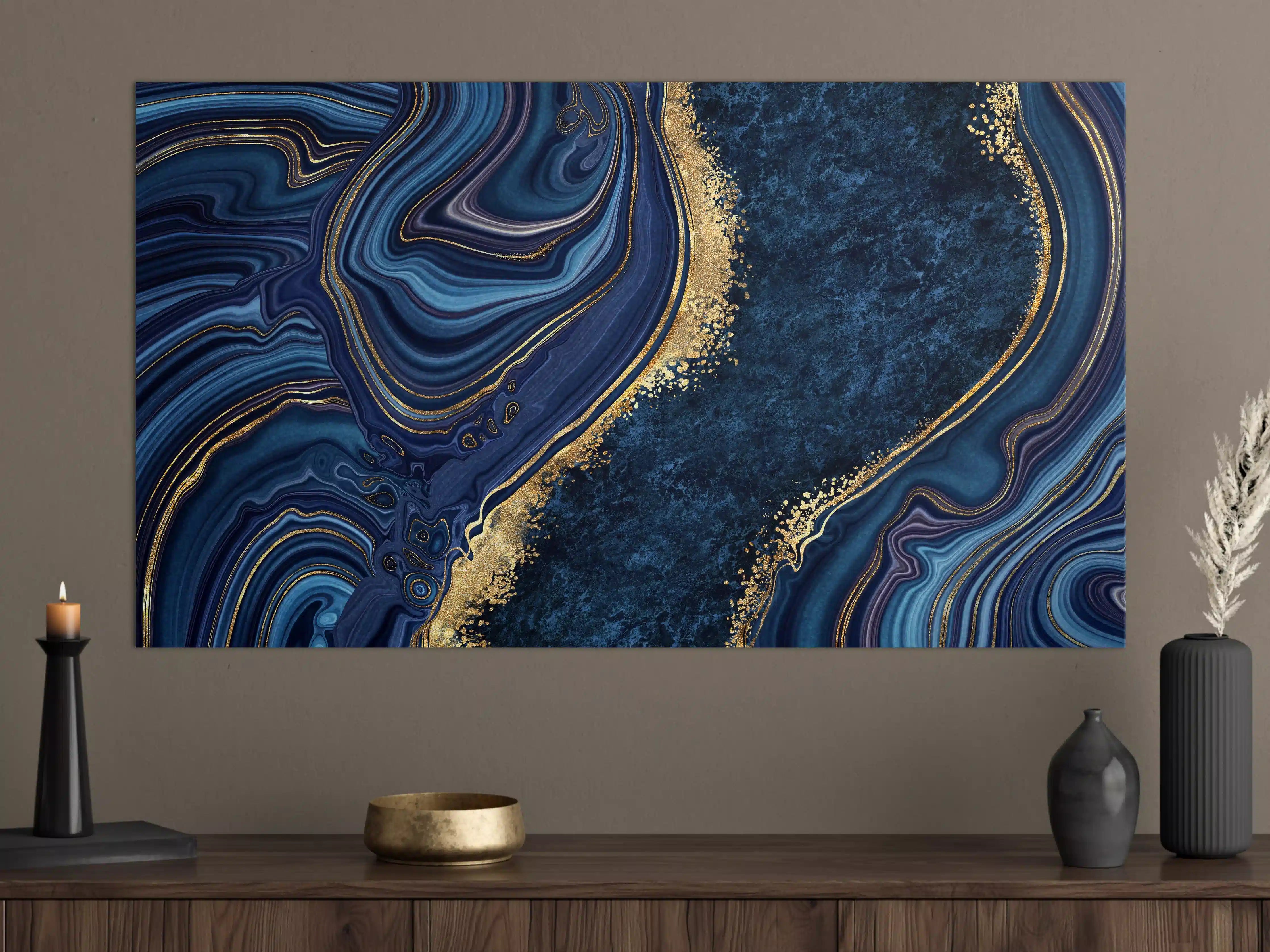 Große Wandbilder - Blau goldenes Mosaik Design aus Marmor