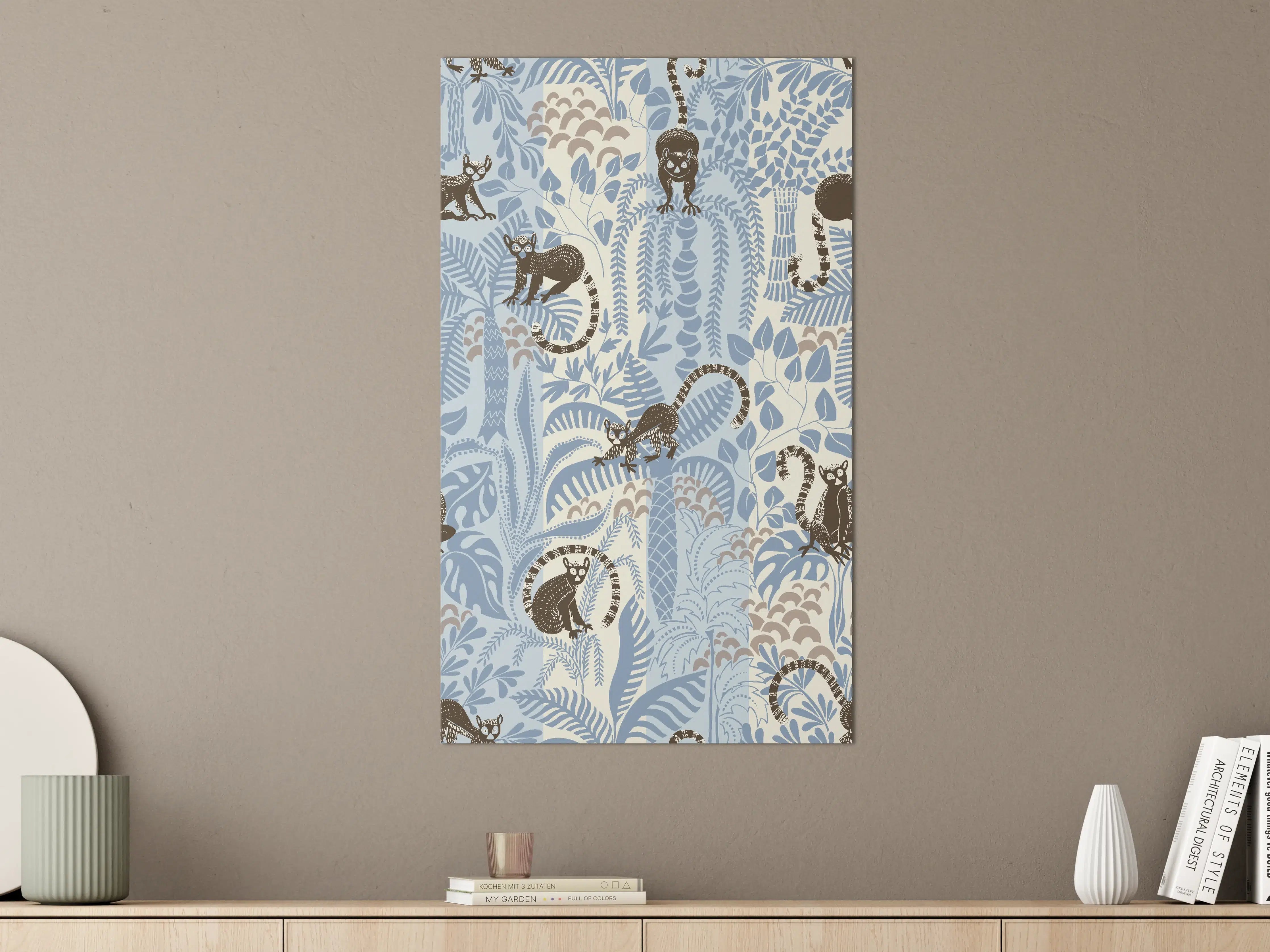 Große Wandbilder - Blau-weiße Dschungel-Illustration mit Affen
