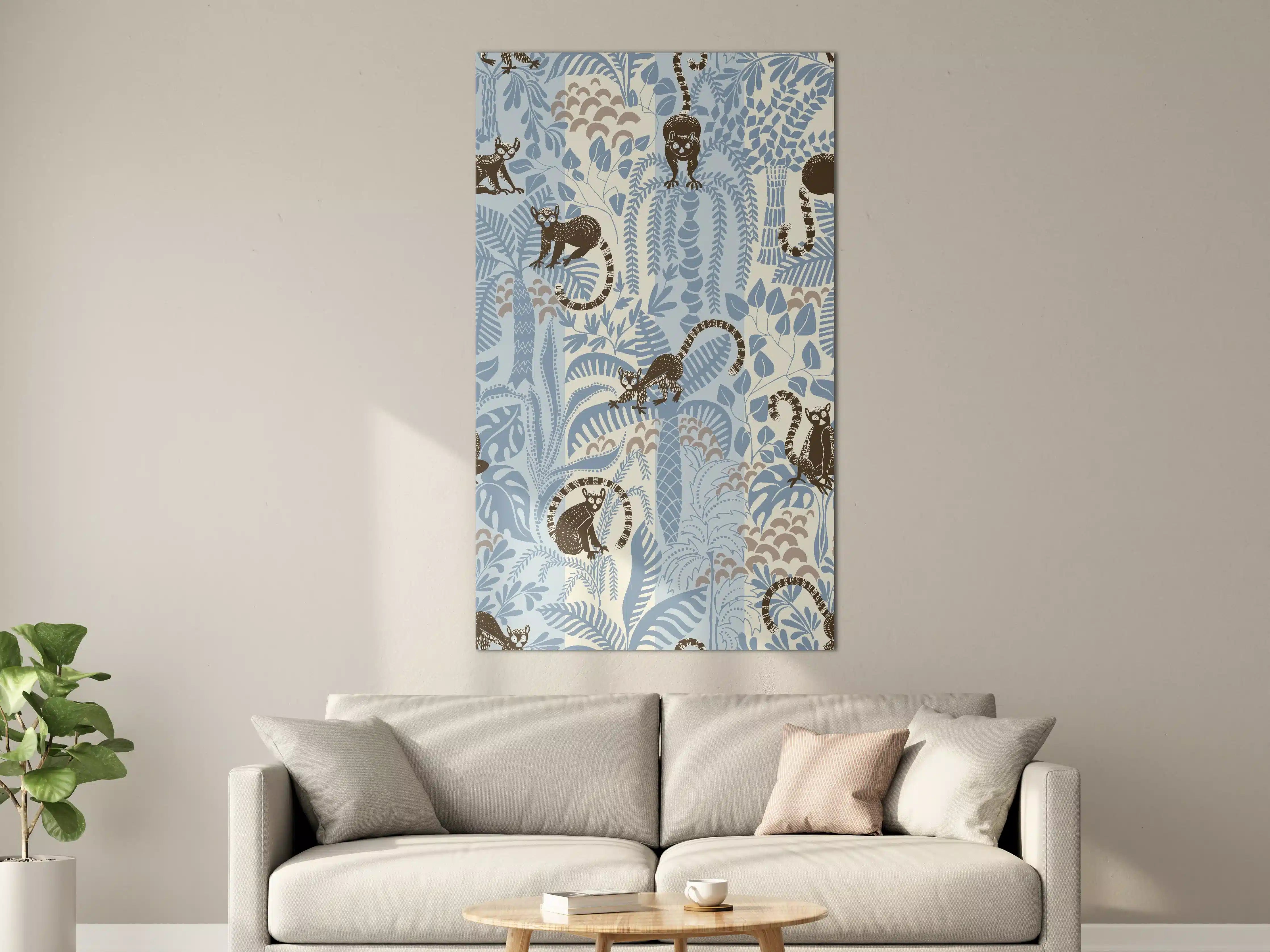 Große Wandbilder - Blau-weiße Dschungel-Illustration mit Affen