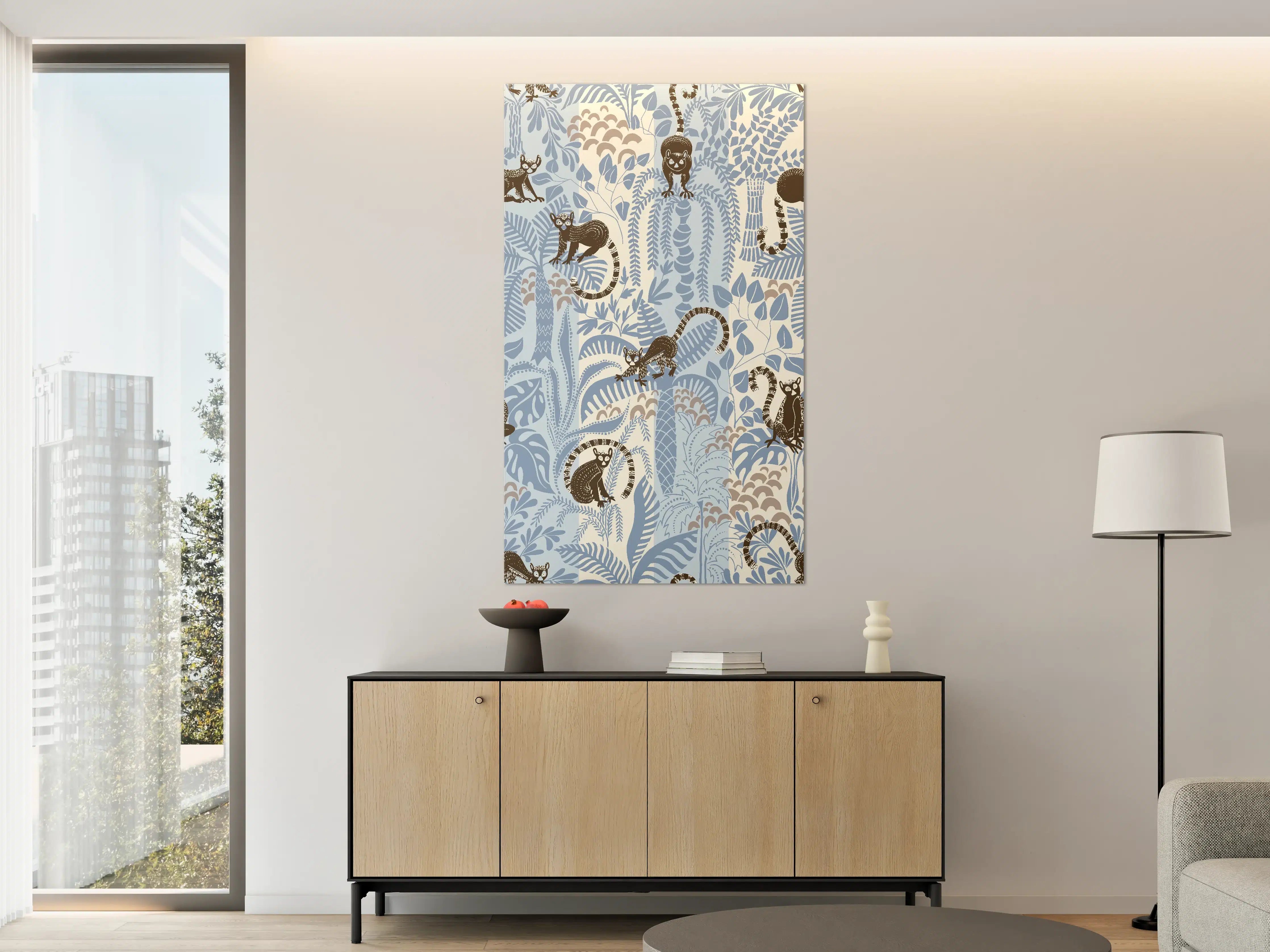 Große Wandbilder - Blau-weiße Dschungel-Illustration mit Affen