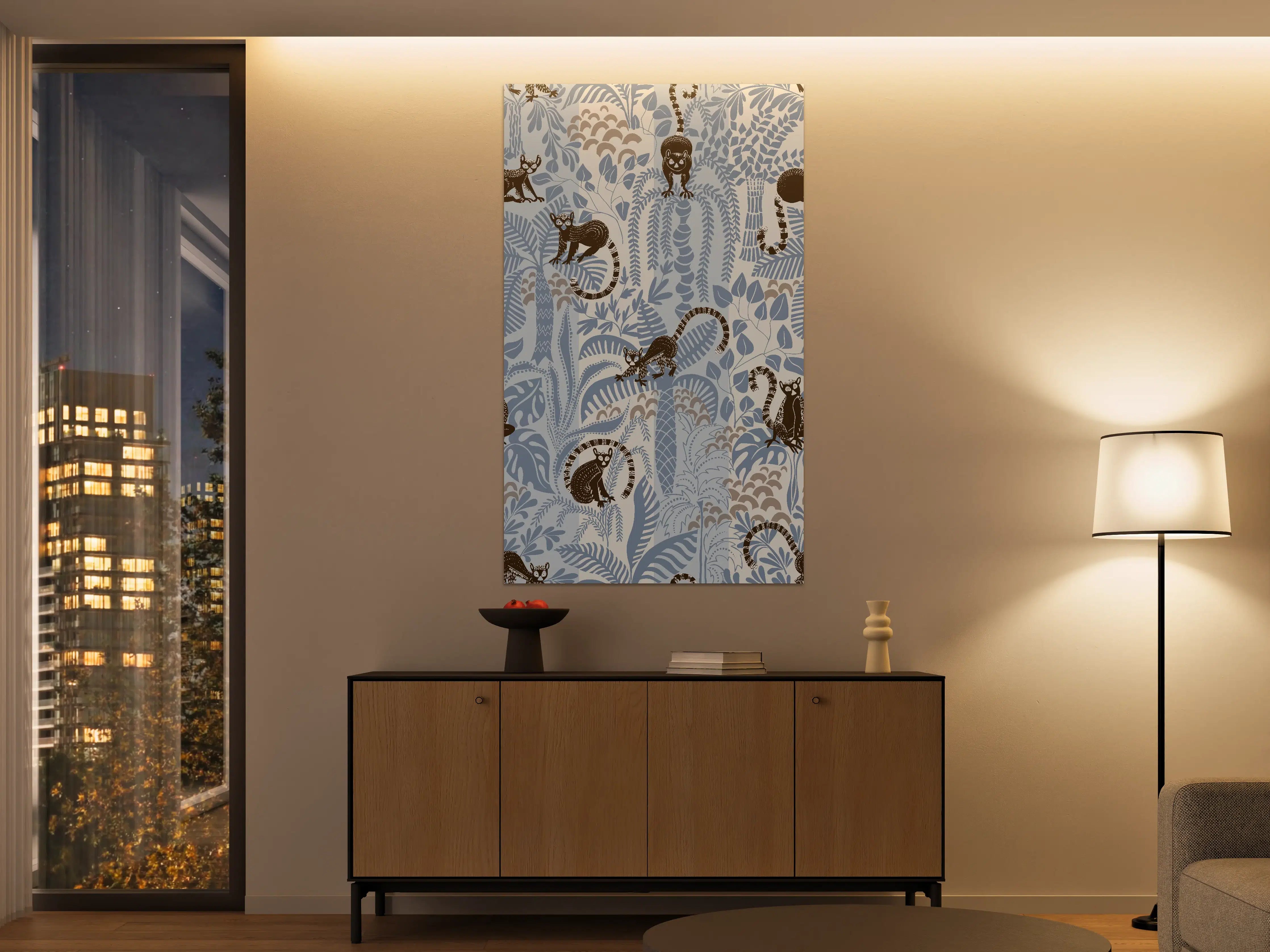 Große Wandbilder - Blau-weiße Dschungel-Illustration mit Affen