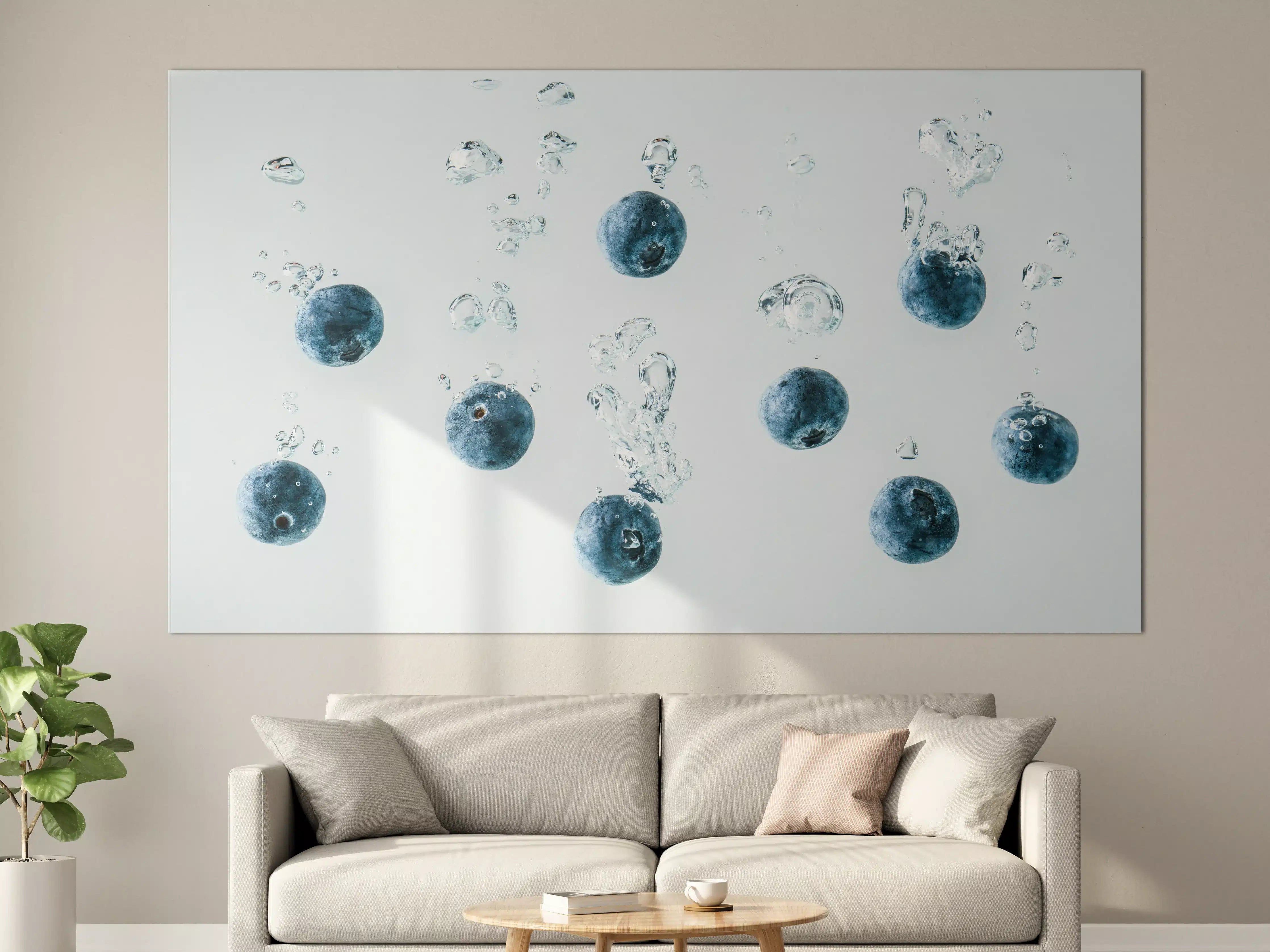 Große Wandbilder - Blaubeeren im Wassertropfen