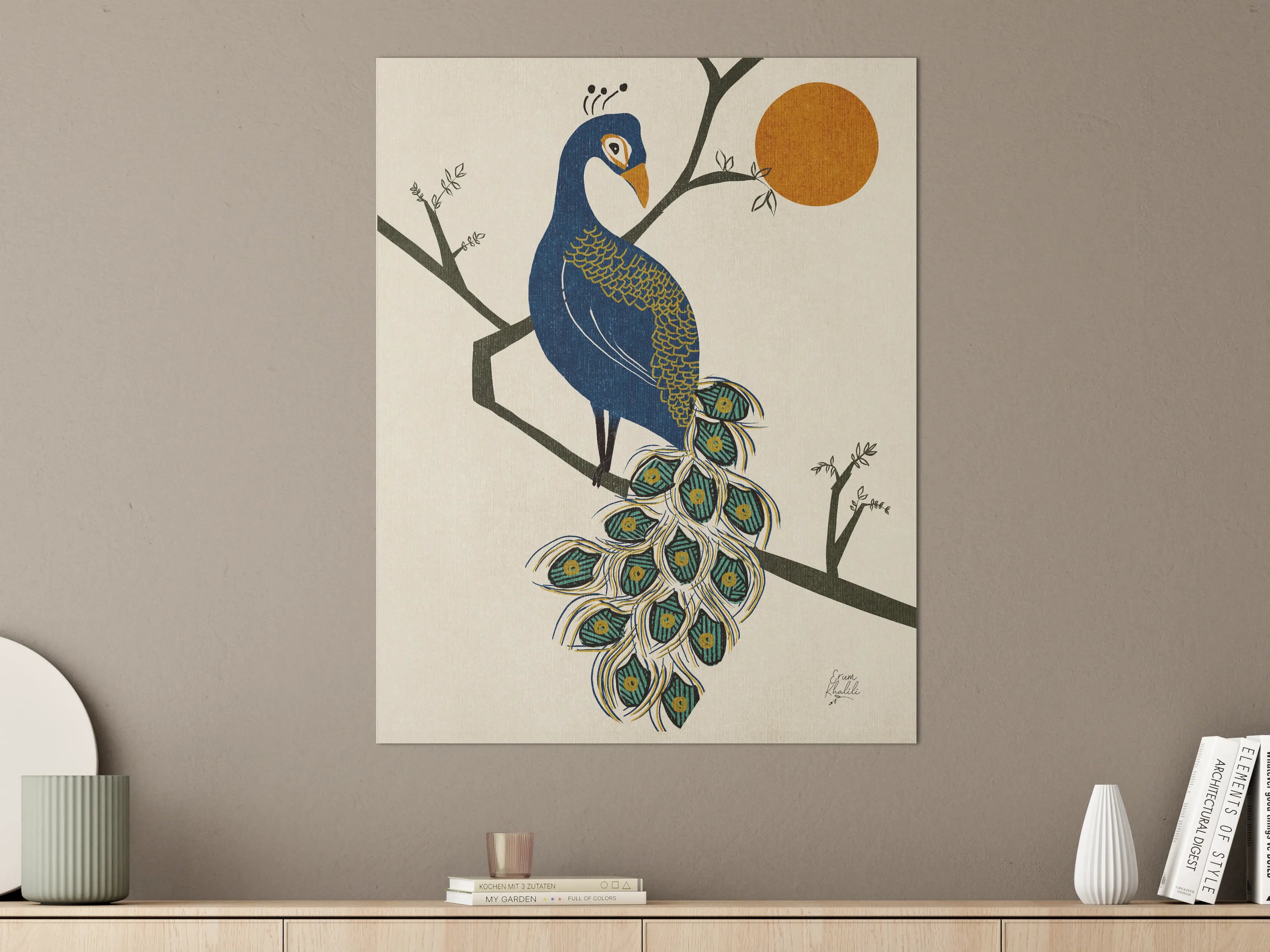 Große Wandbilder - Blaue Pfauen-Feder mit orangefarbenem Sonnenball
