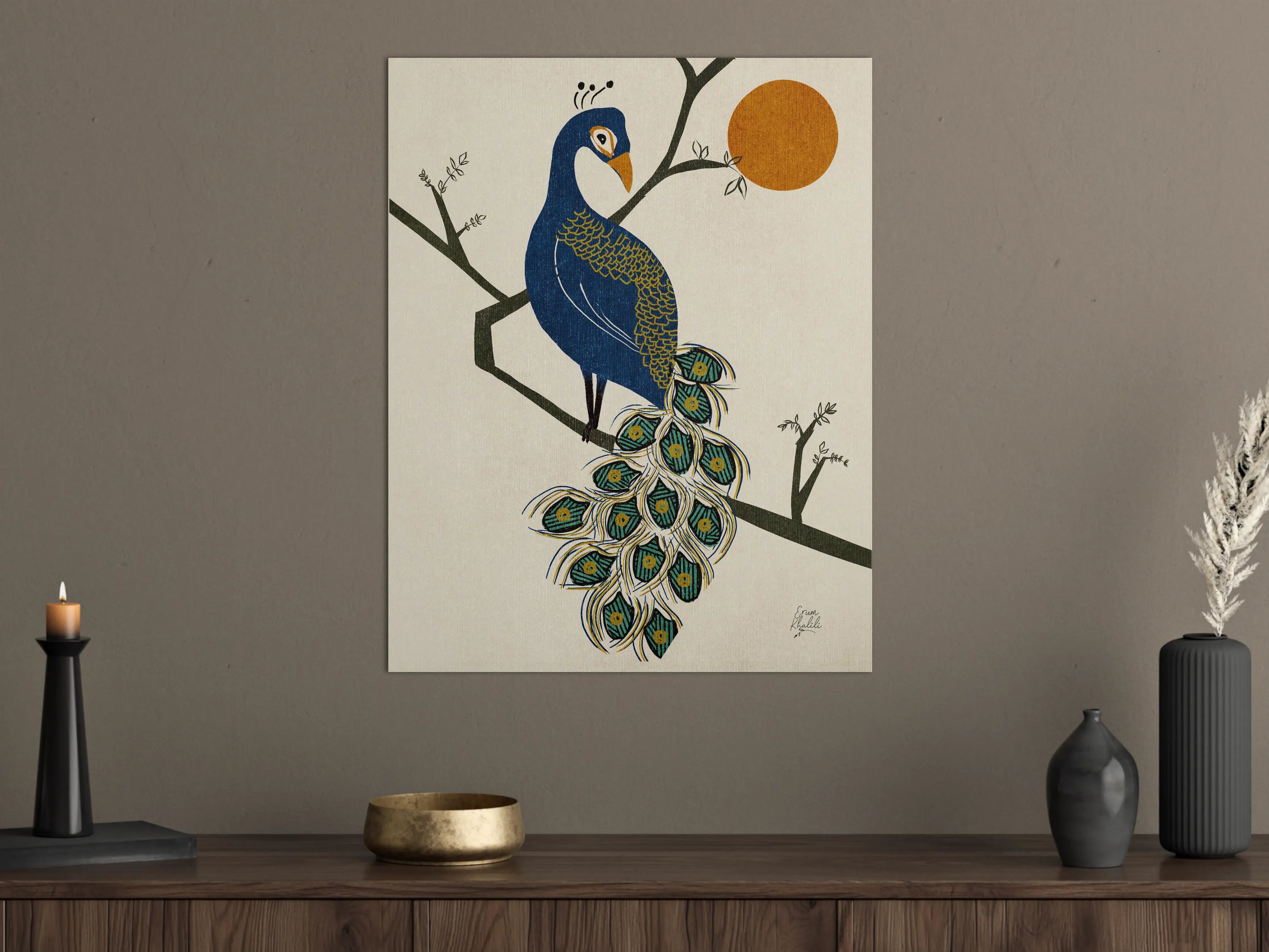 Große Wandbilder - Blaue Pfauen-Feder mit orangefarbenem Sonnenball