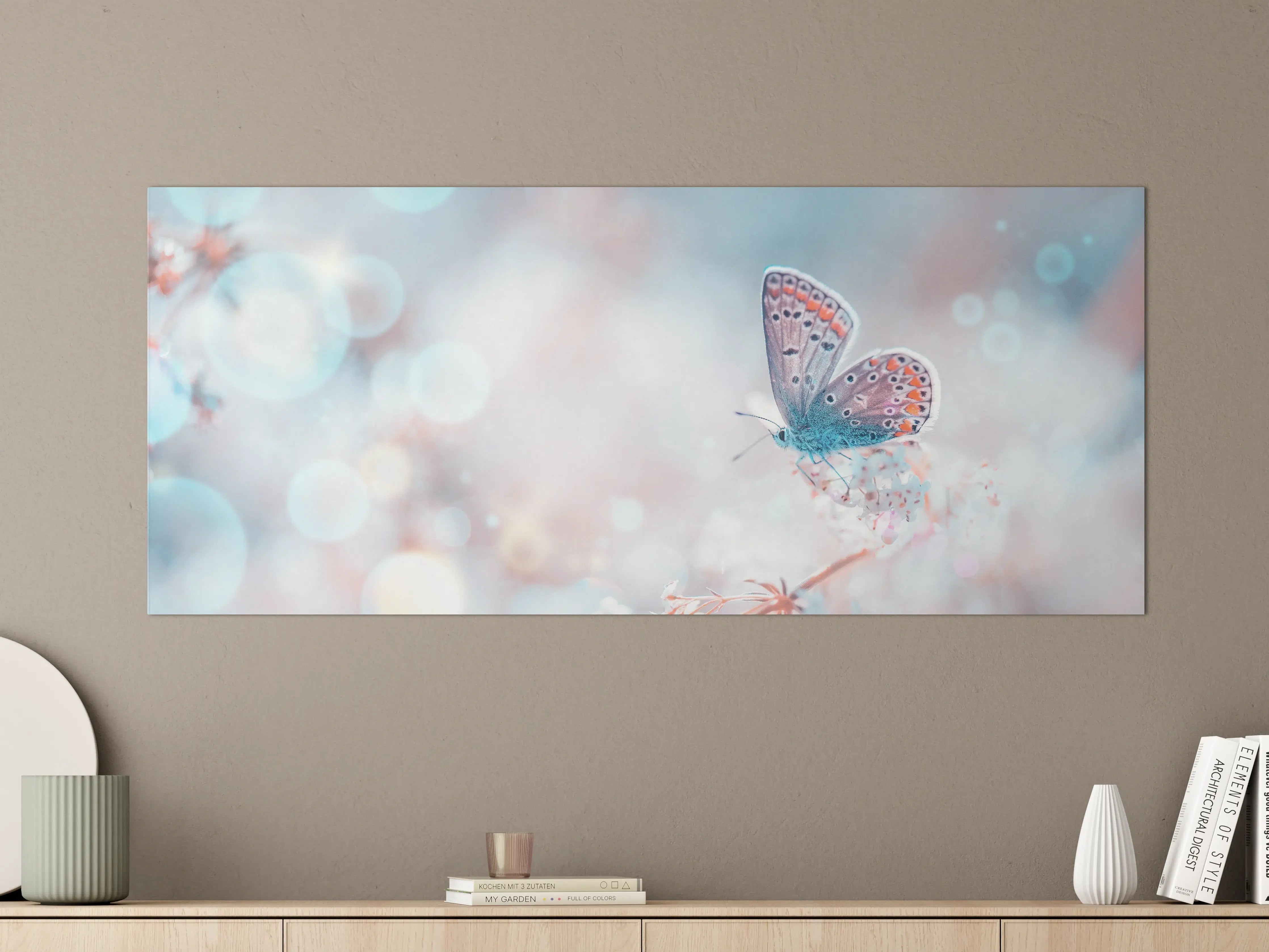 Große Wandbilder - Blaue Schmetterlinge im sanften Bokeh-Hintergrund