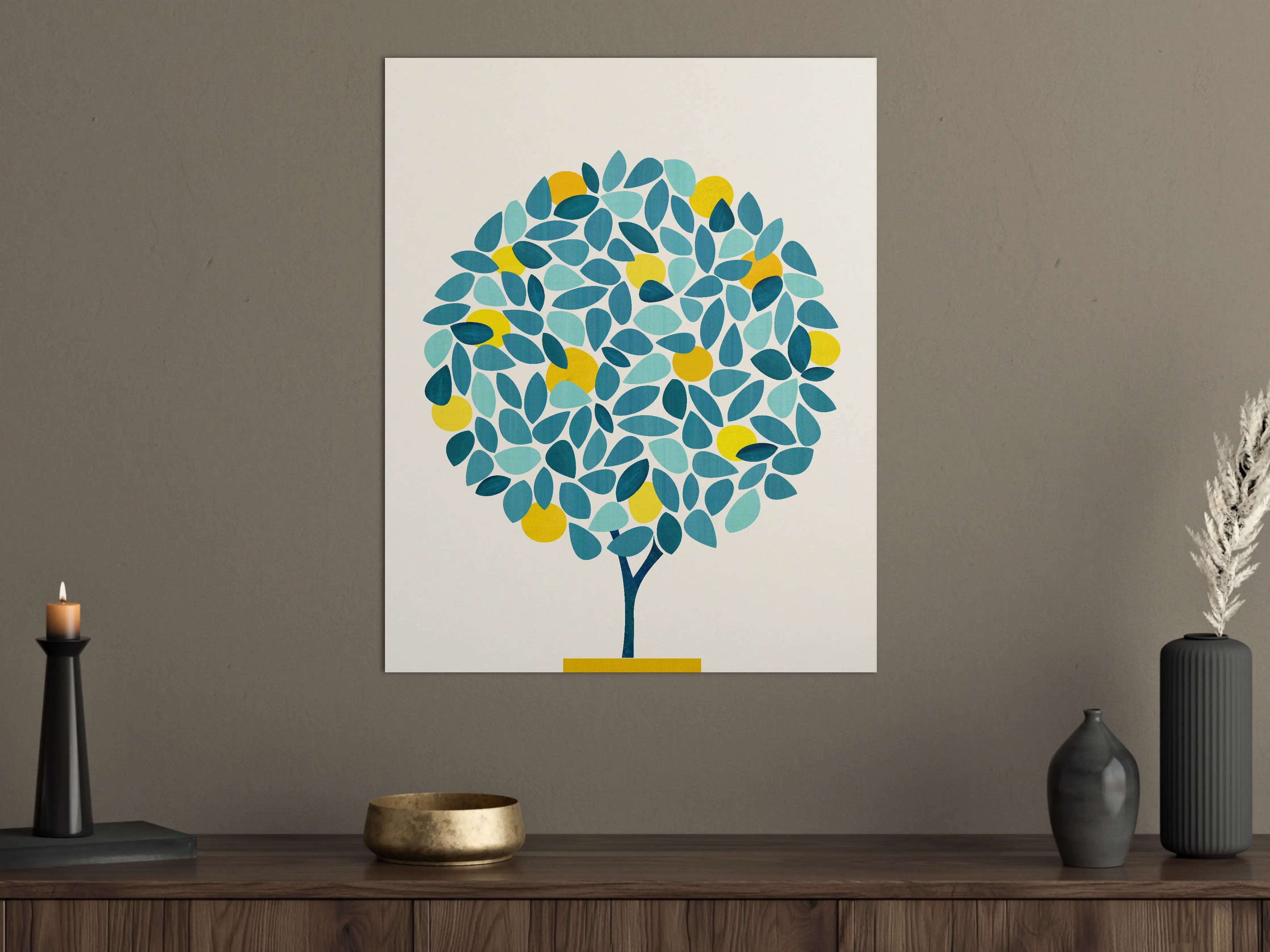 Große Wandbilder - Blauer Baum mit gelben Früchten auf beigem Hintergrund
