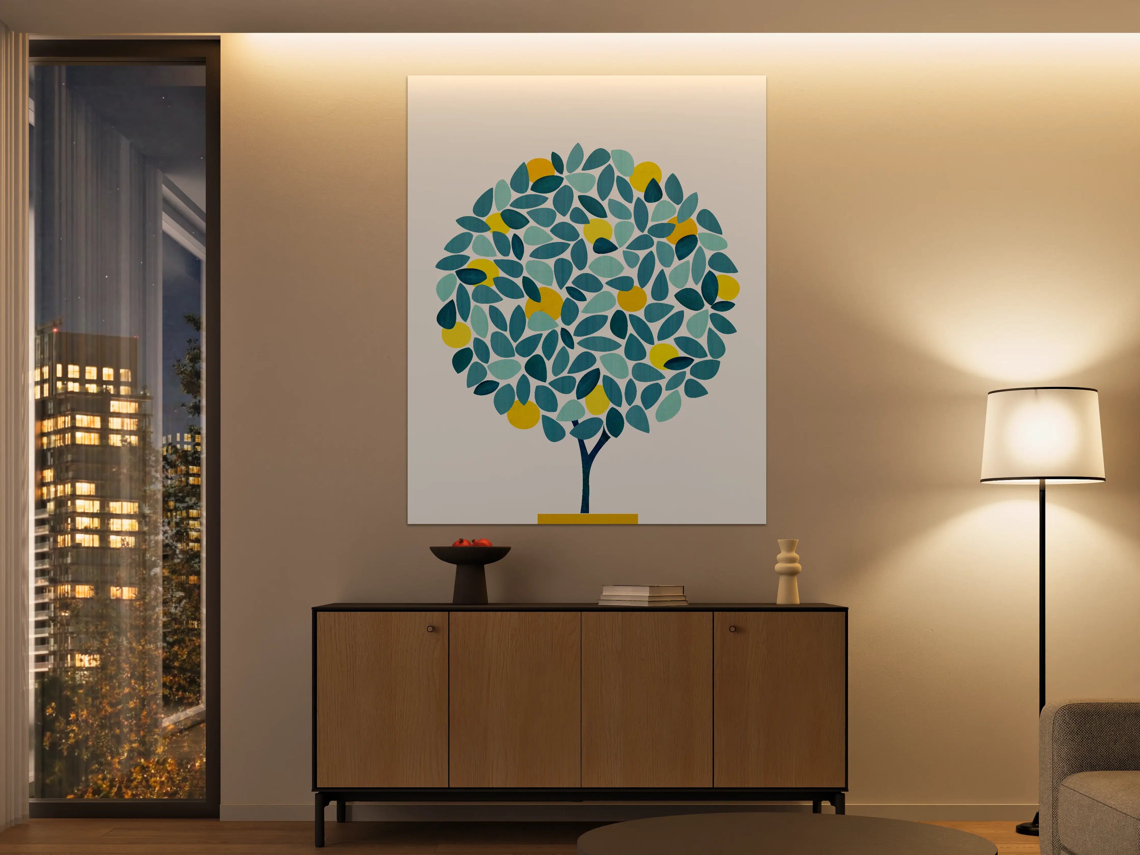 Große Wandbilder - Blauer Baum mit gelben Früchten auf beigem Hintergrund