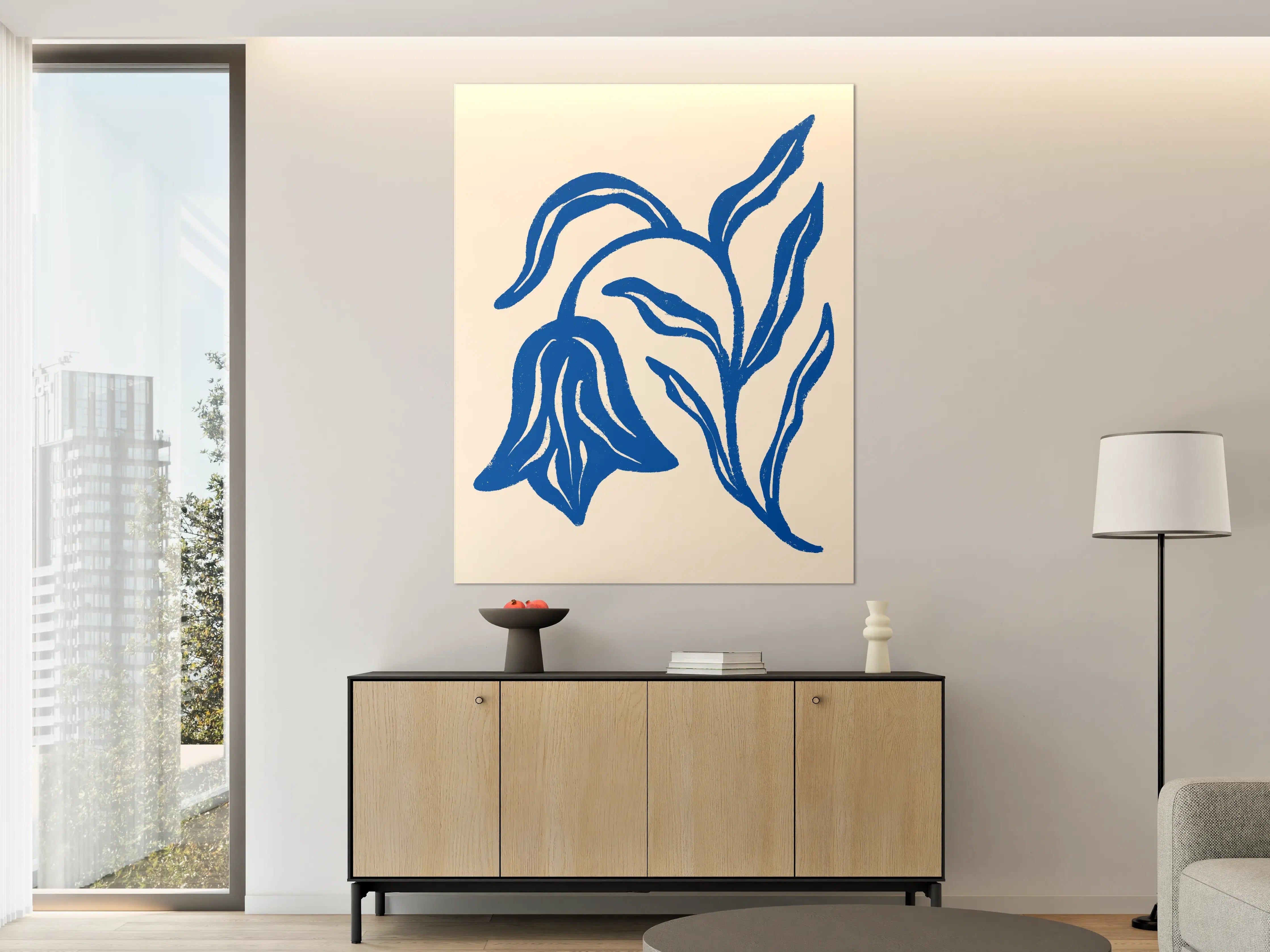 Große Wandbilder - Blauer Blumendruck auf beige Hintergrund