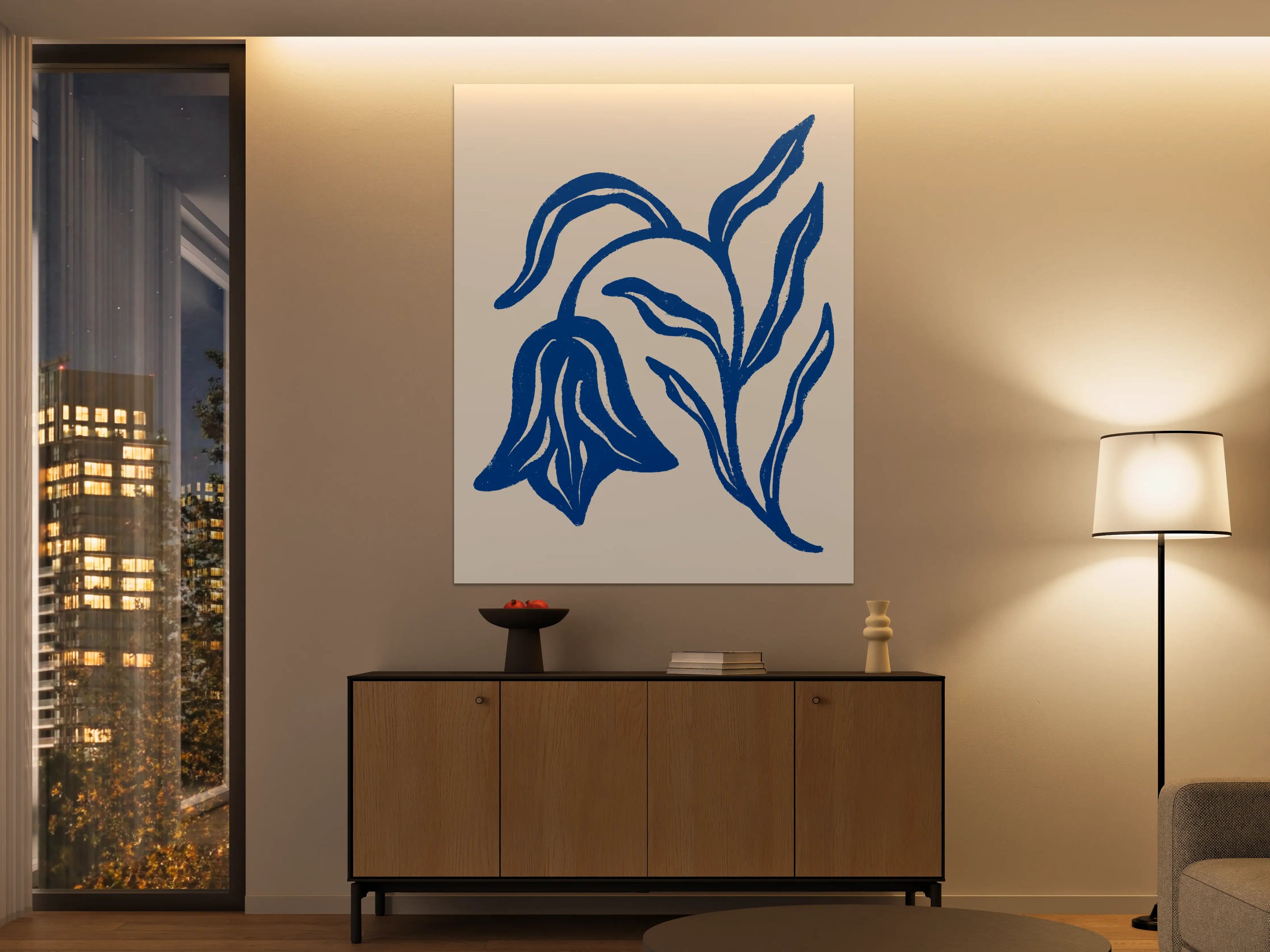 Große Wandbilder - Blauer Blumendruck auf beige Hintergrund