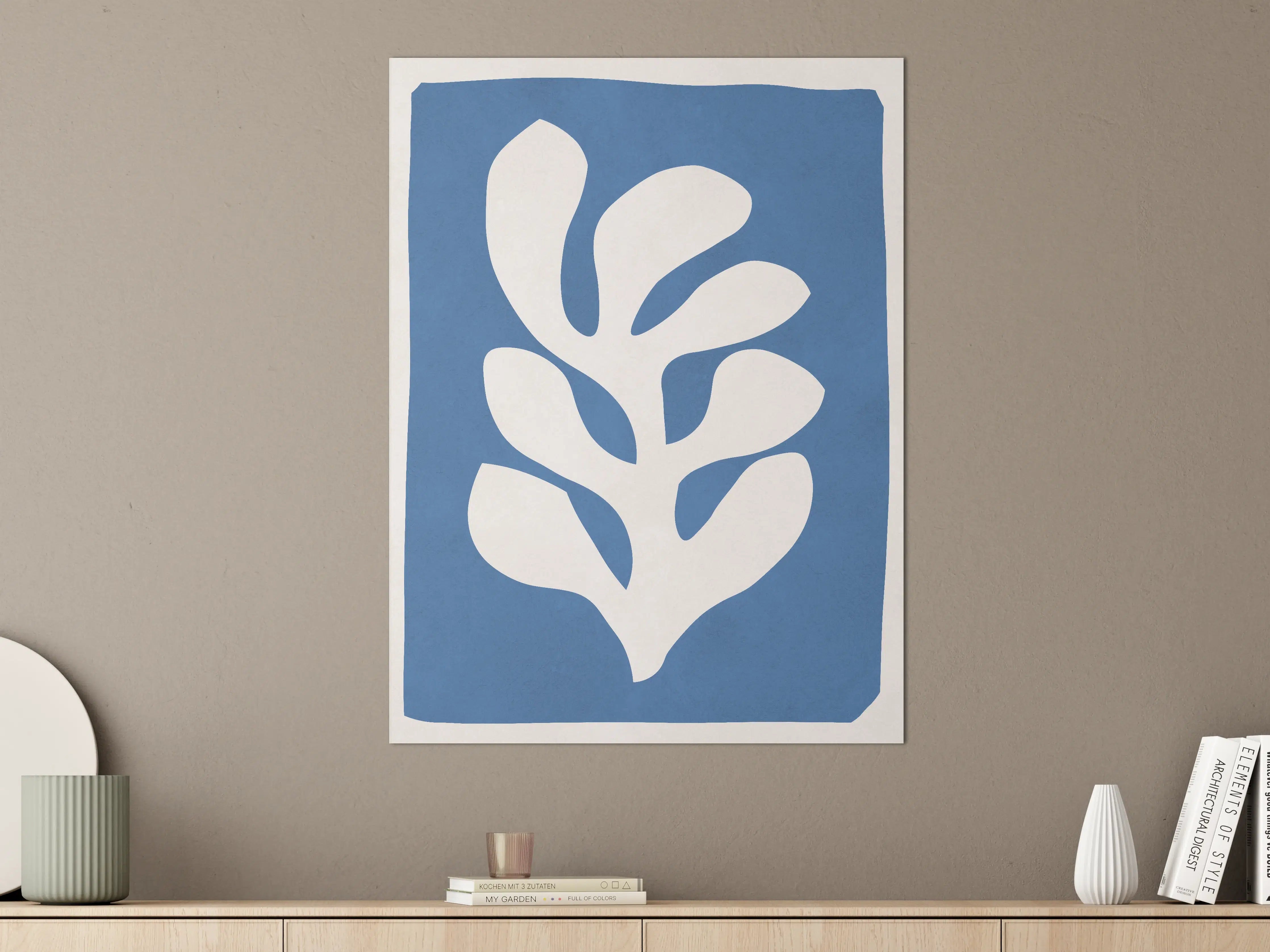 Große Wandbilder - Blauer Hintergrund mit Weißem Blätterdesign