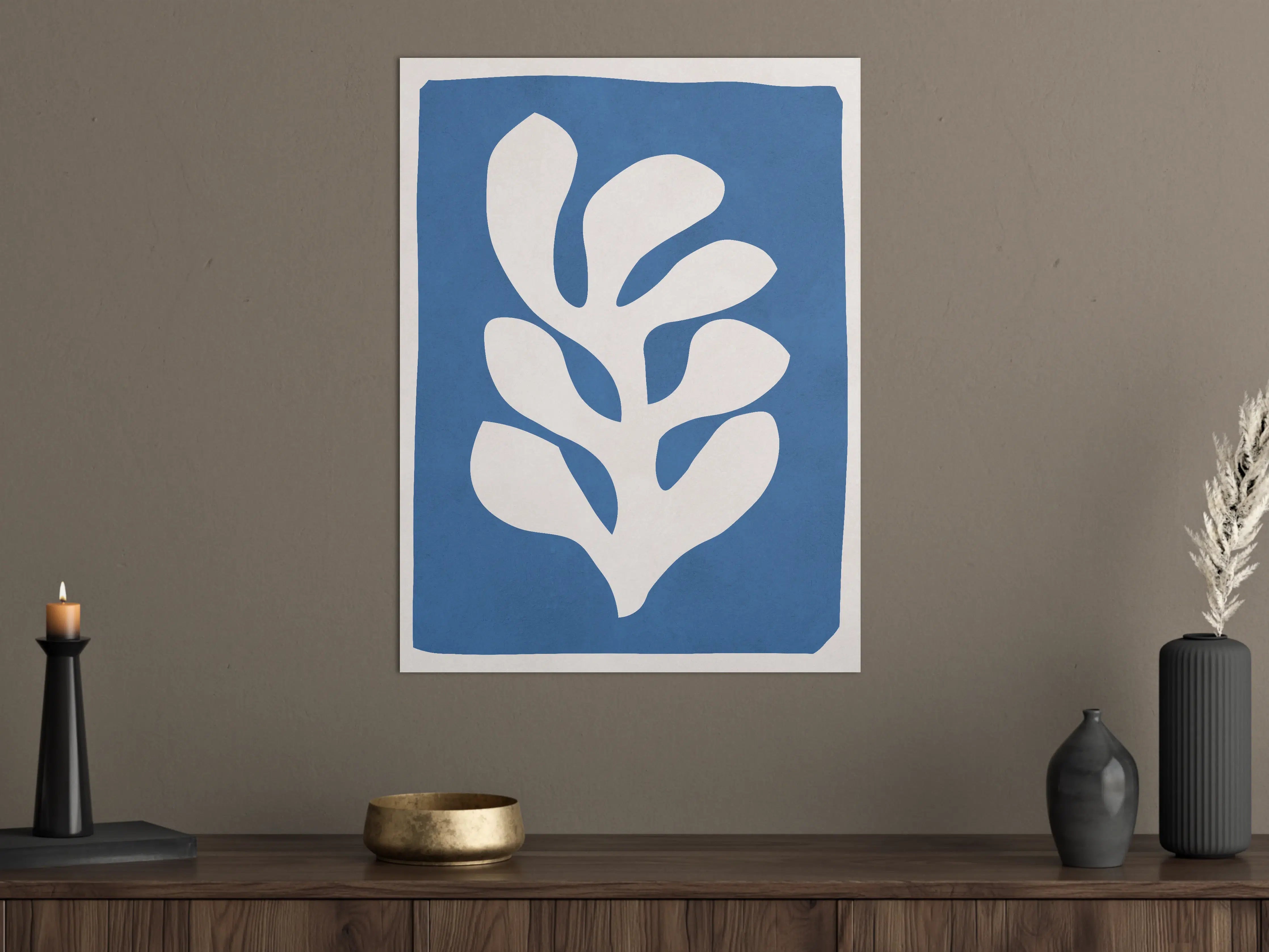Große Wandbilder - Blauer Hintergrund mit Weißem Blätterdesign