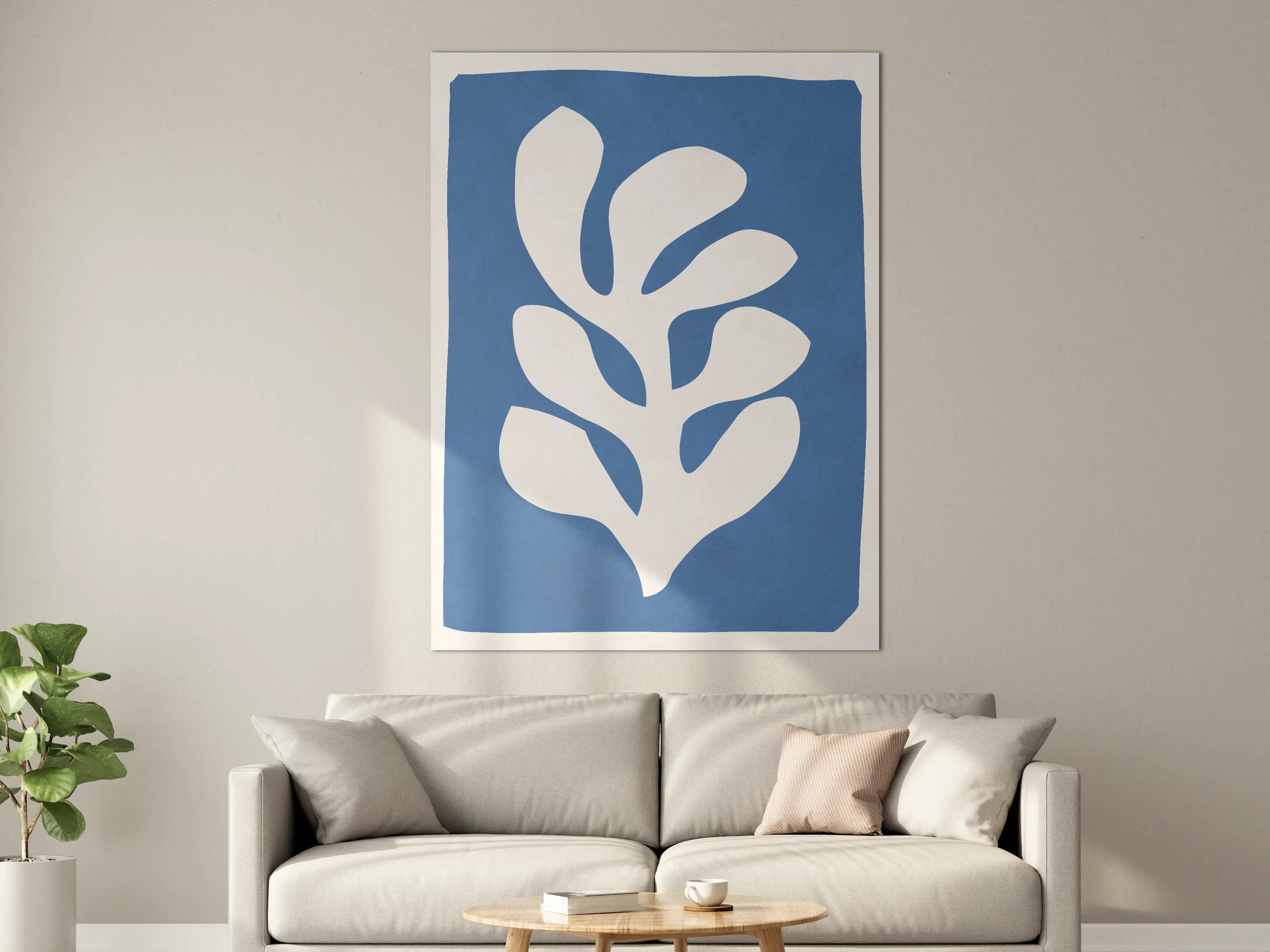 Große Wandbilder - Blauer Hintergrund mit Weißem Blätterdesign