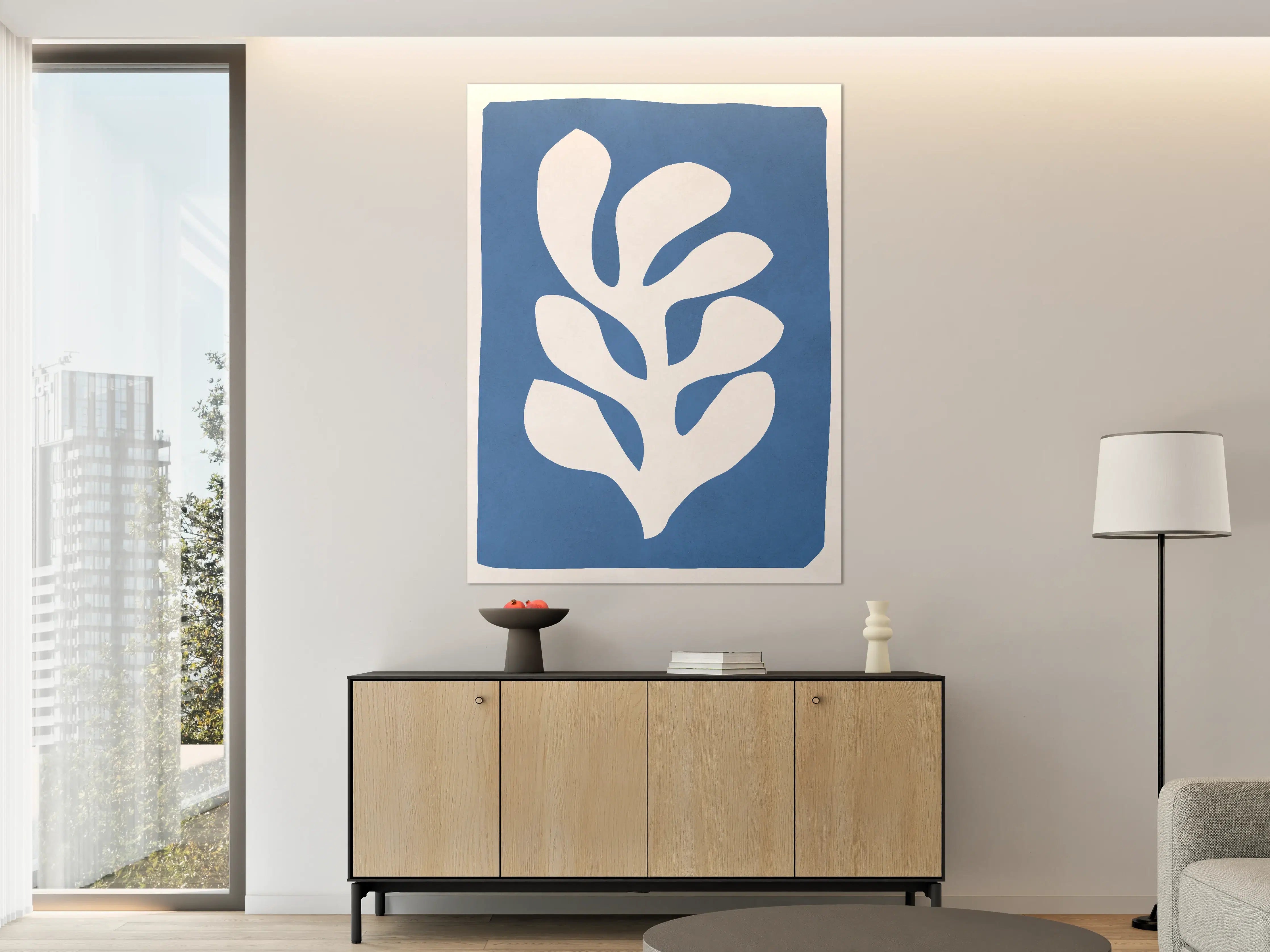 Große Wandbilder - Blauer Hintergrund mit Weißem Blätterdesign