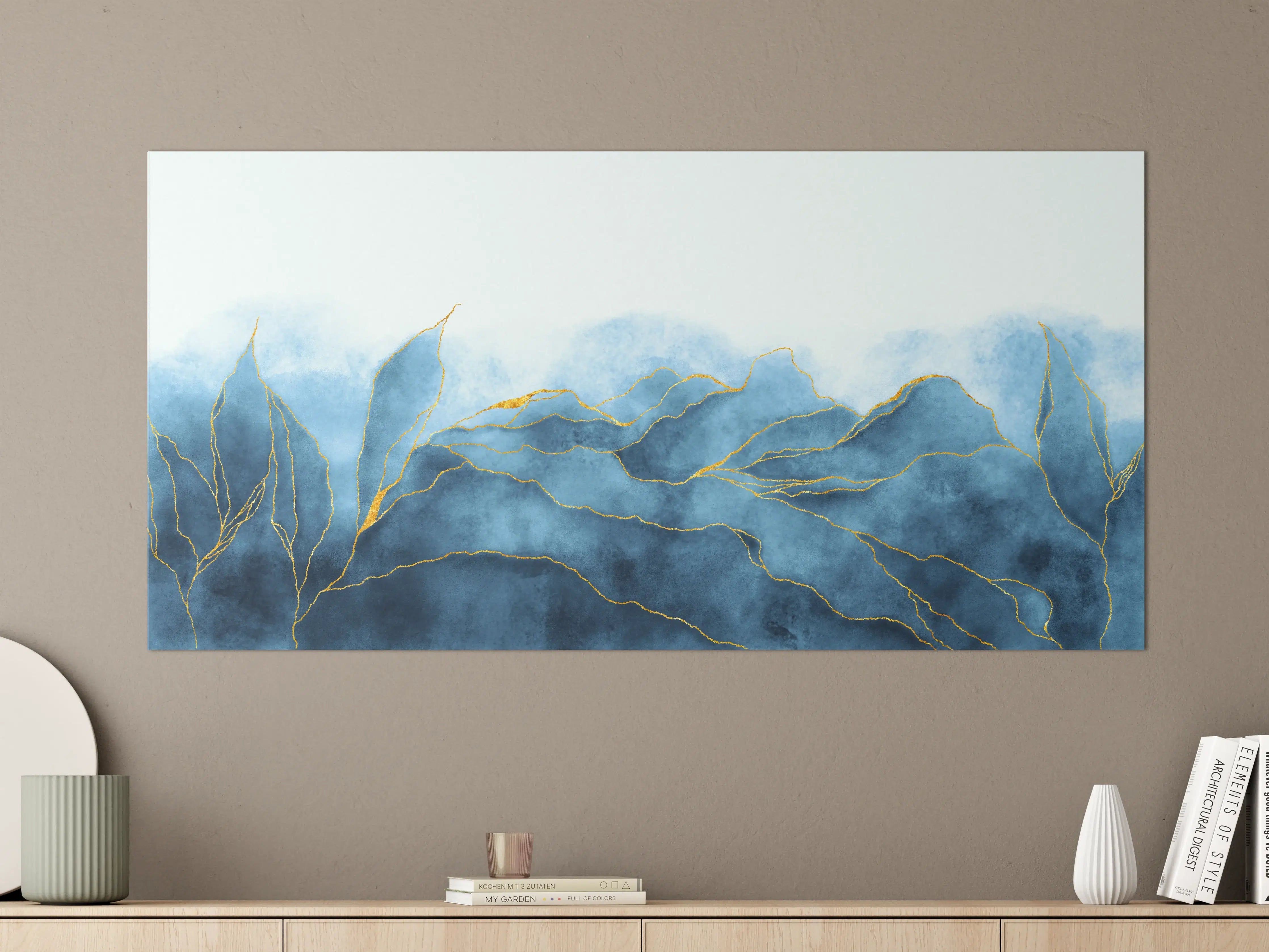 Große Wandbilder - Blaues Aquarell mit Goldelementen