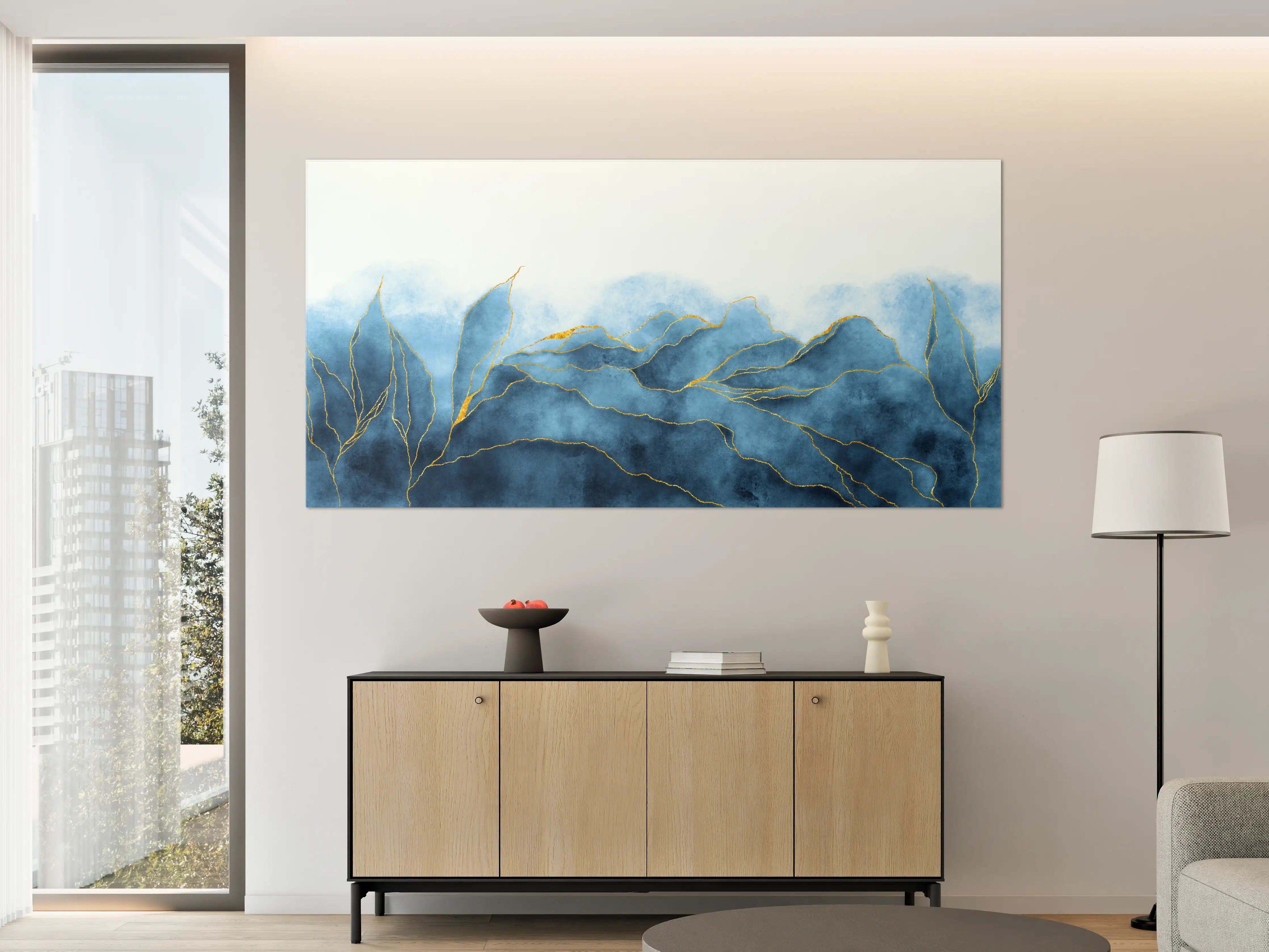 Große Wandbilder - Blaues Aquarell mit Goldelementen