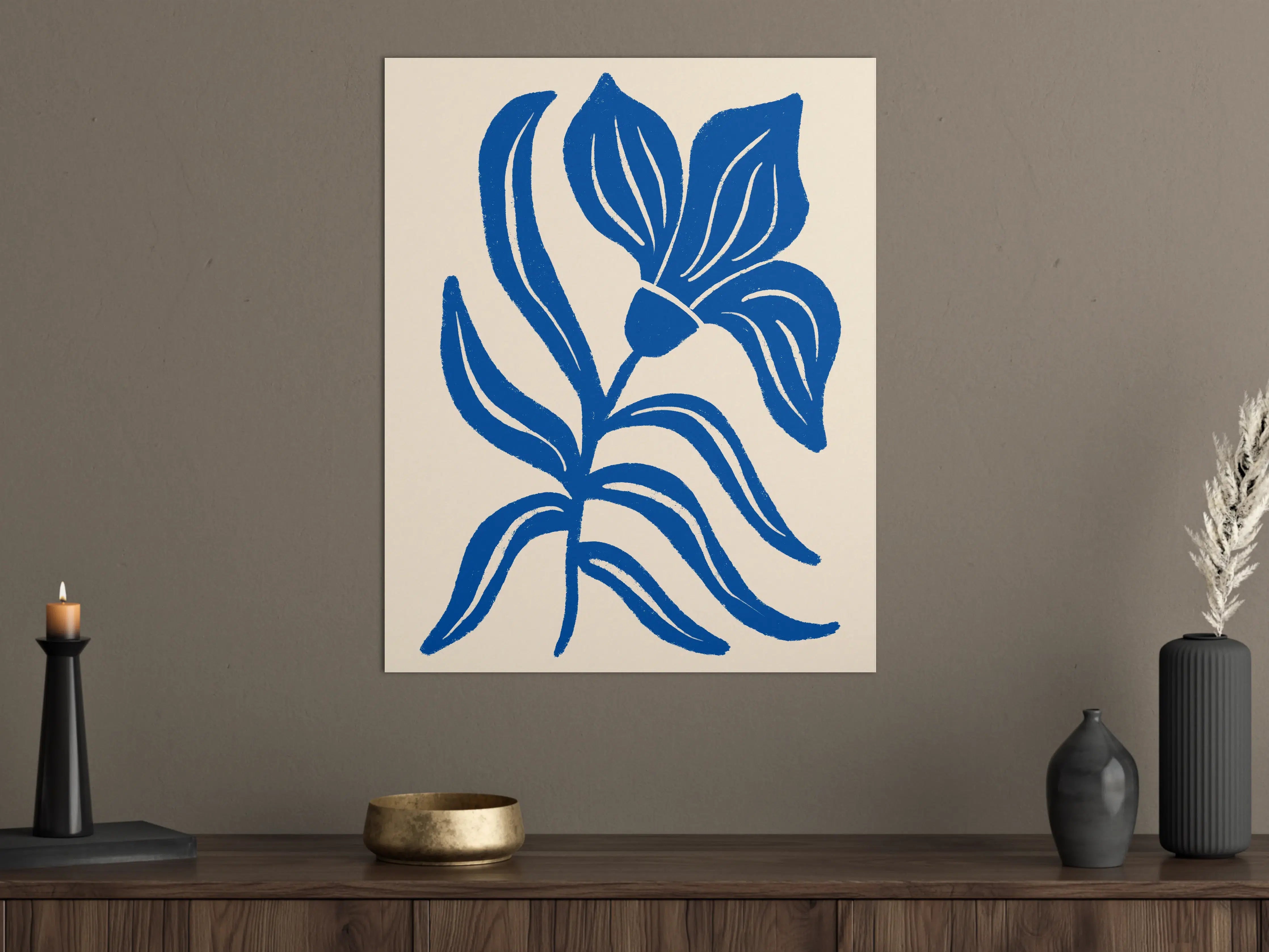 Große Wandbilder - Blaues Blumenmuster auf cremefarbenem Hintergrund