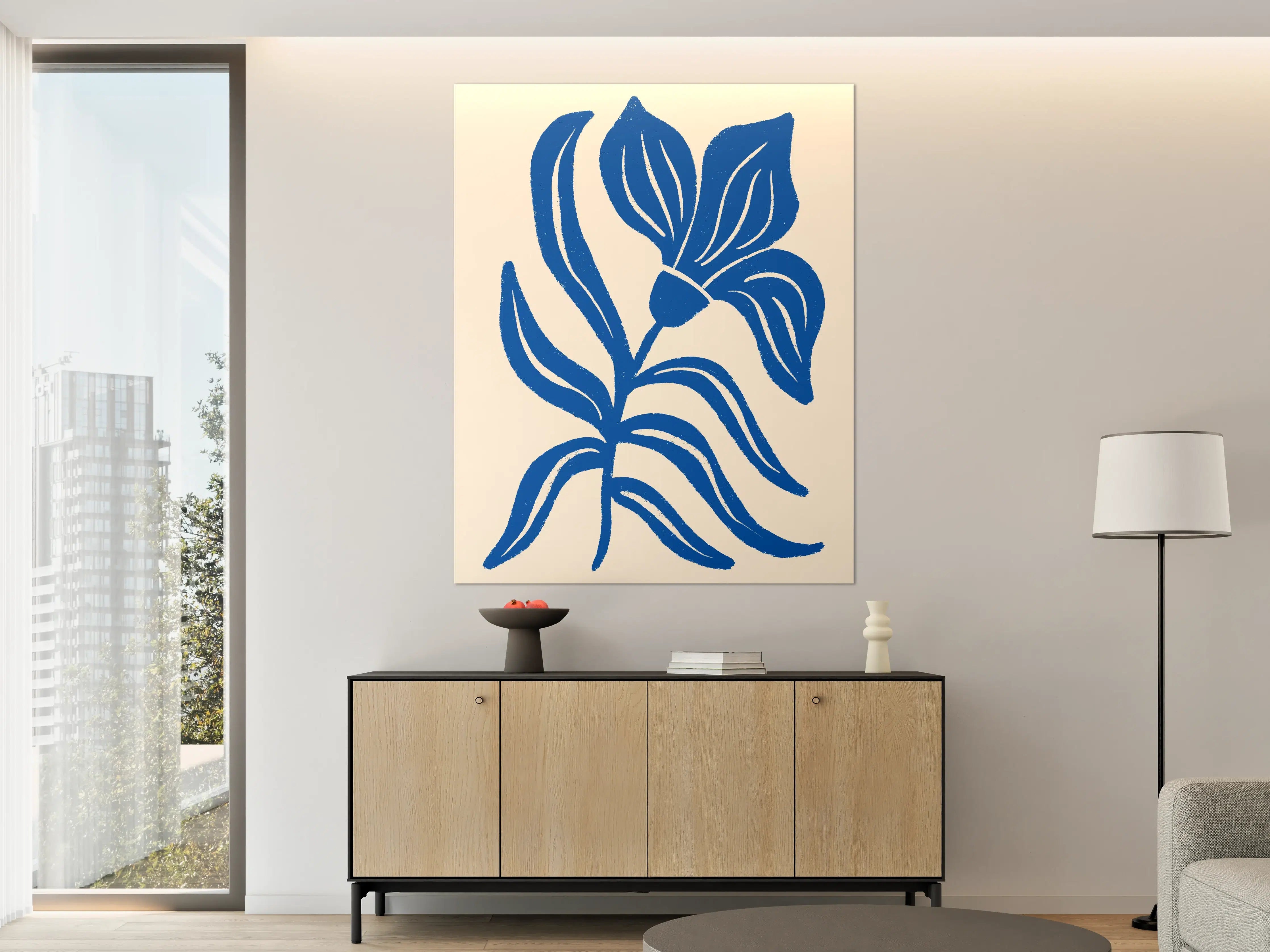 Große Wandbilder - Blaues Blumenmuster auf cremefarbenem Hintergrund