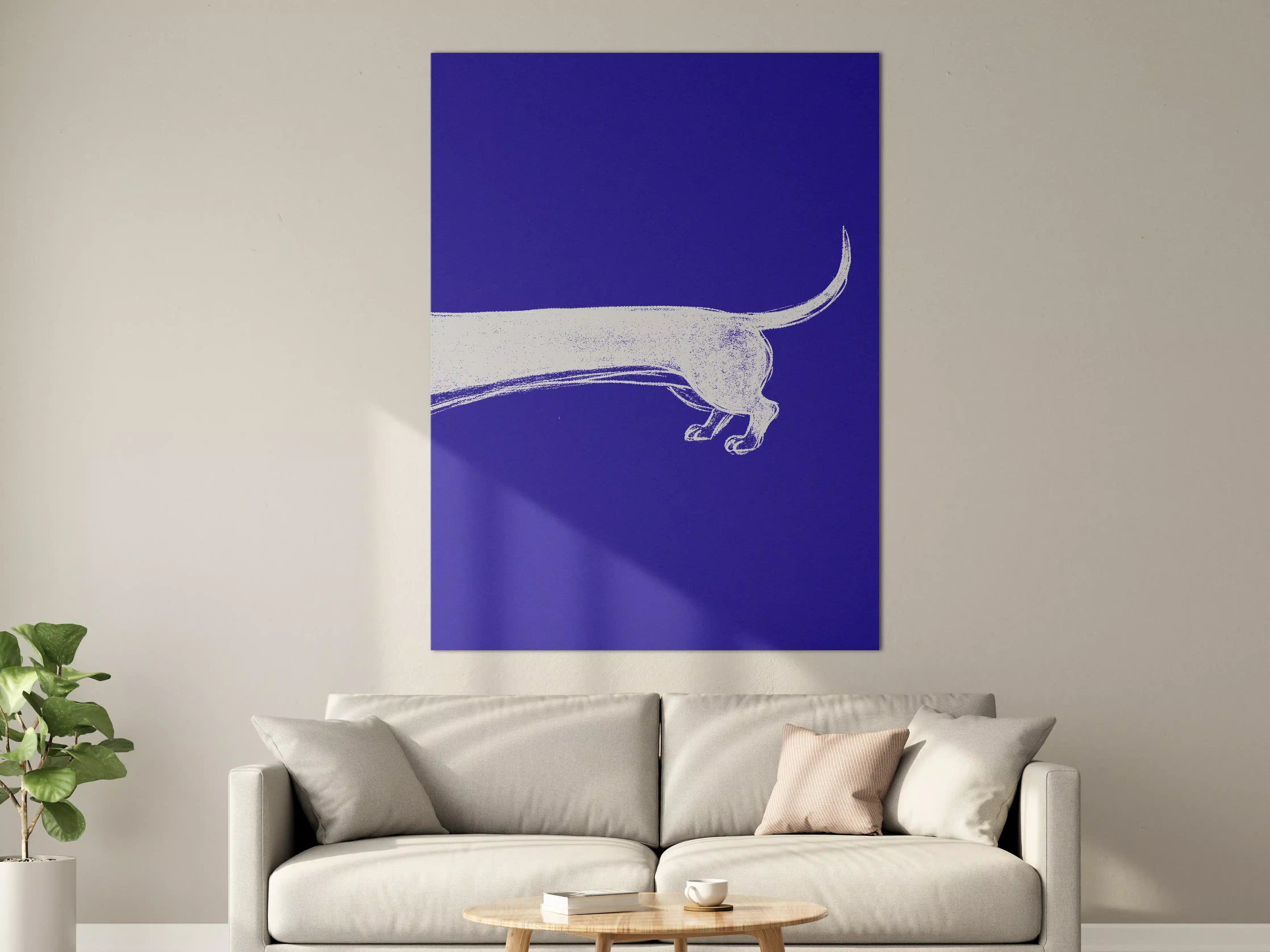 Große Wandbilder - Blaues Kunstwerk mit weißem Katzenmotiv