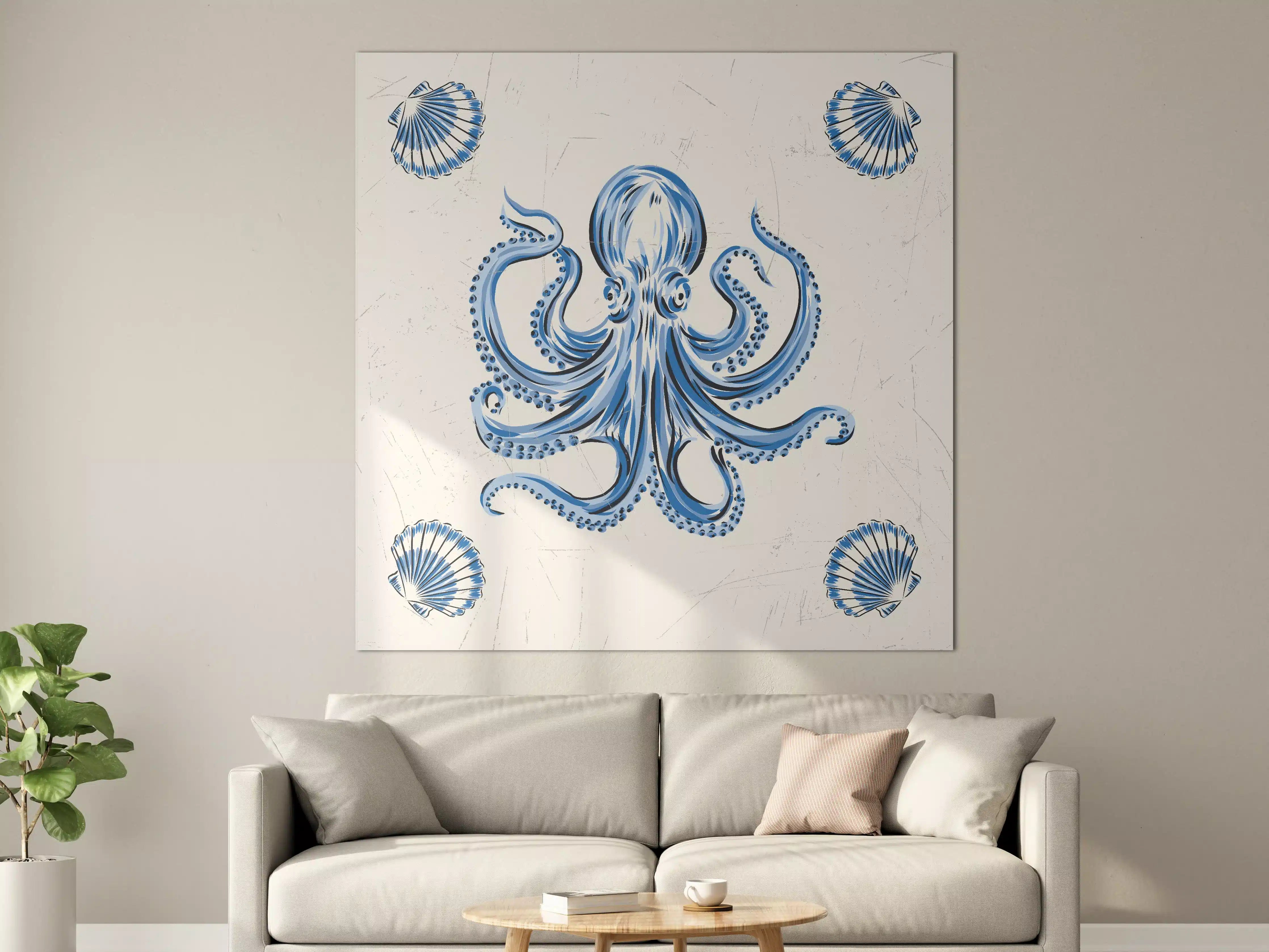 Große Wandbilder - Blaues Oktopus-Motiv mit Muscheln