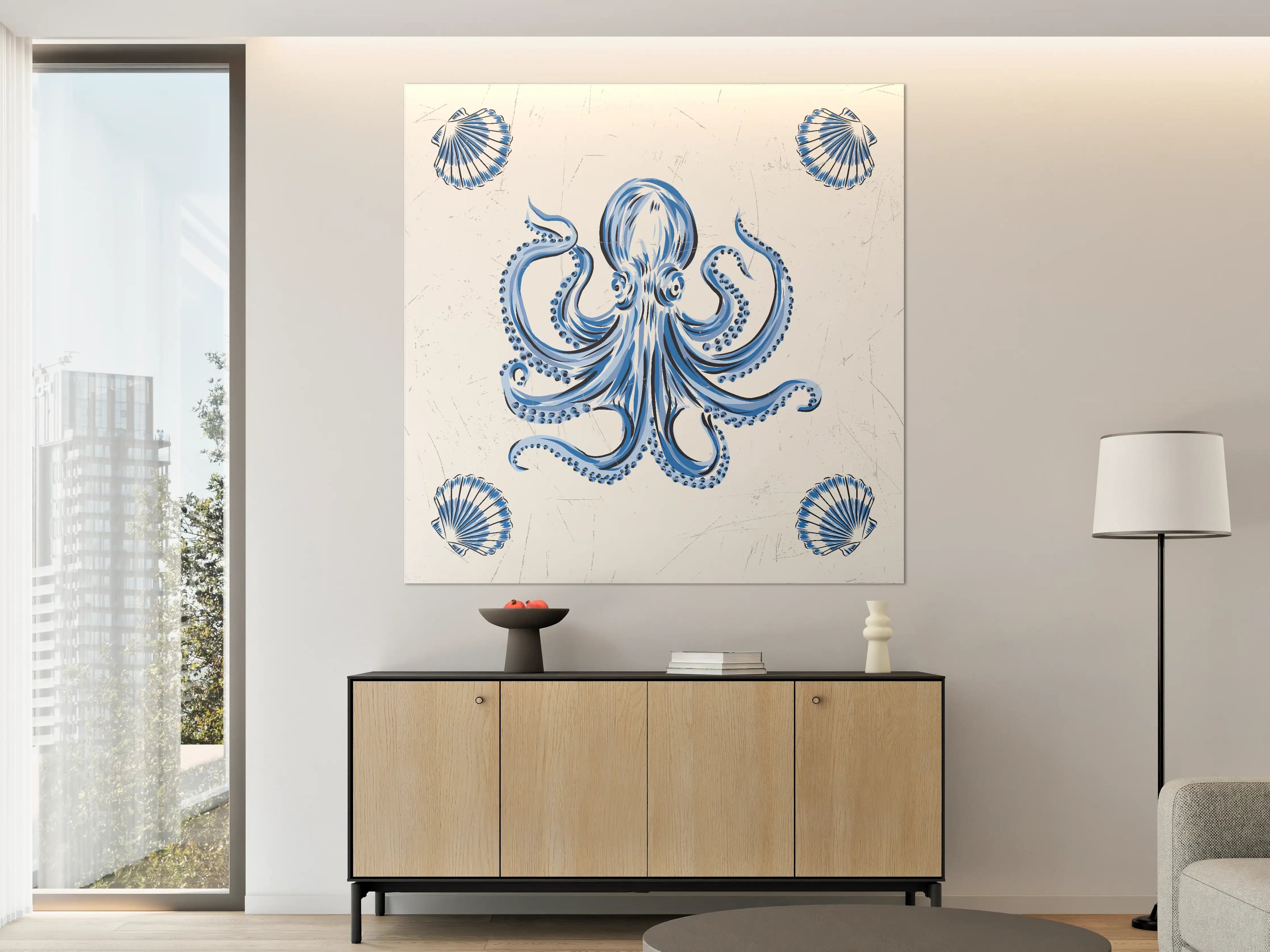 Große Wandbilder - Blaues Oktopus-Motiv mit Muscheln
