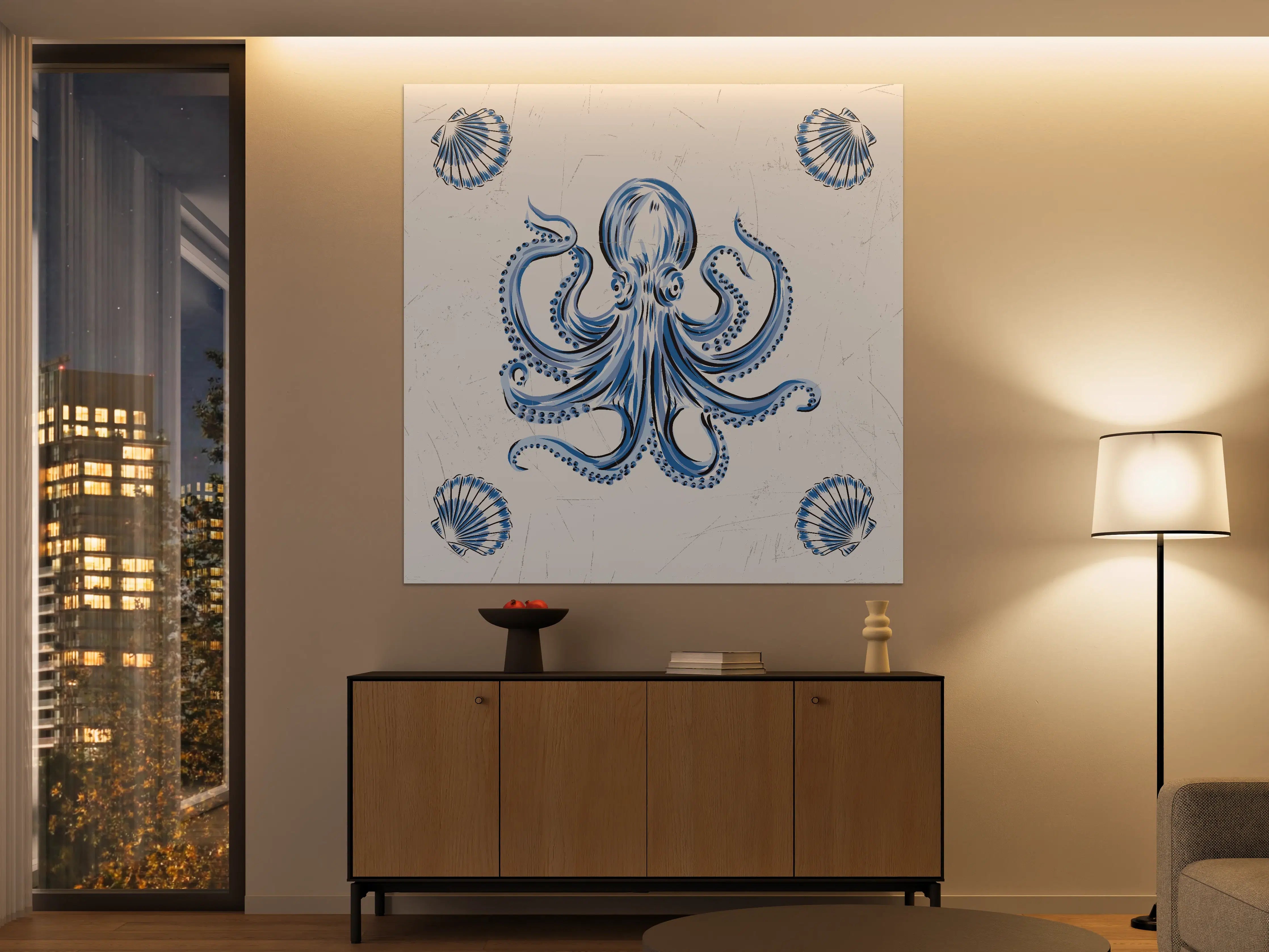 Große Wandbilder - Blaues Oktopus-Motiv mit Muscheln